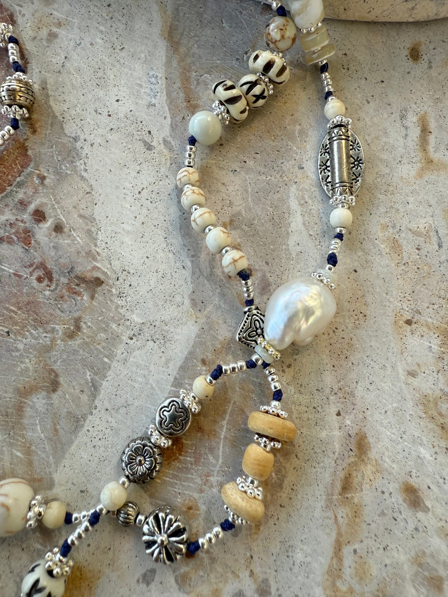 Silver Charm Knotted Beaded Necklace