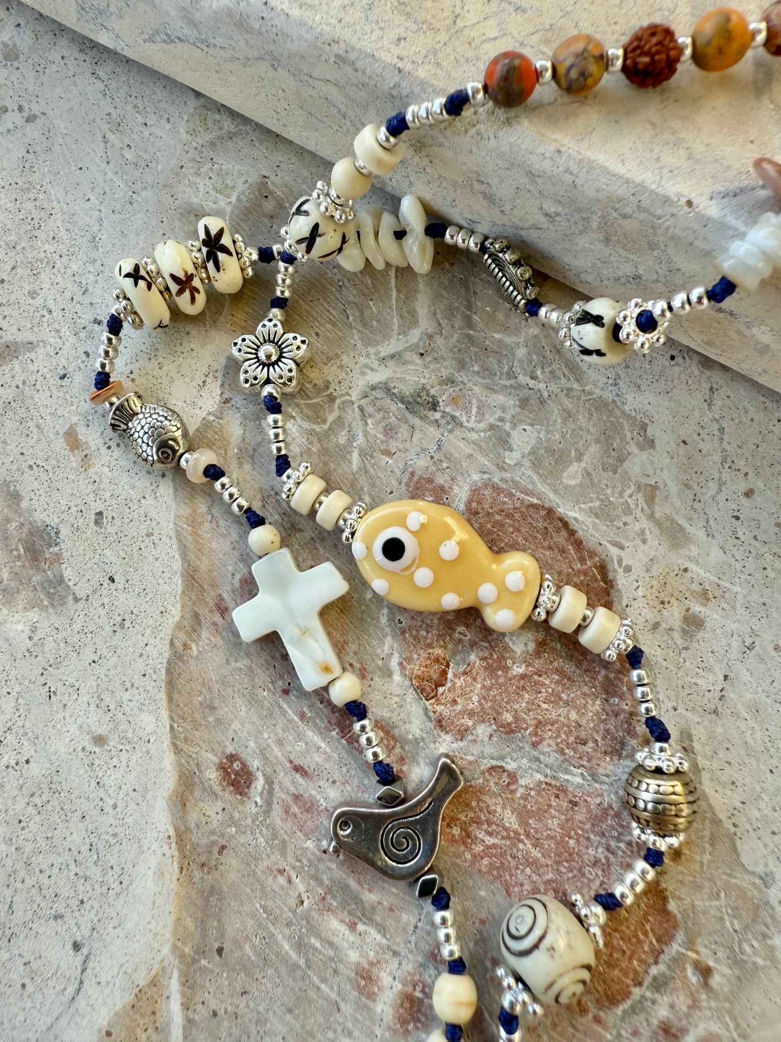 Silver Charm Knotted Beaded Necklace