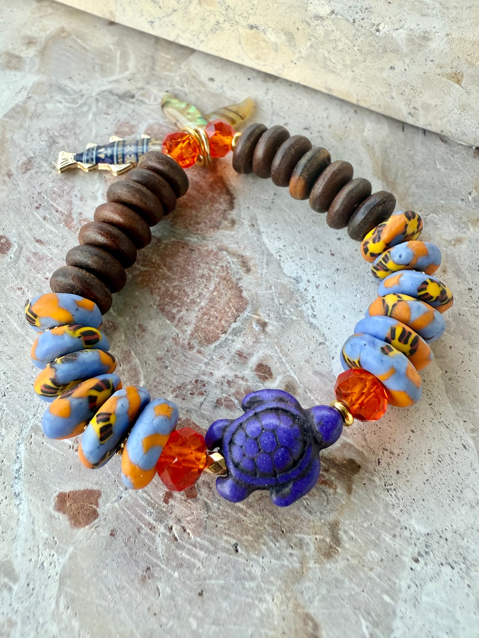 African Trade Bead Shell Turtle Bracelet