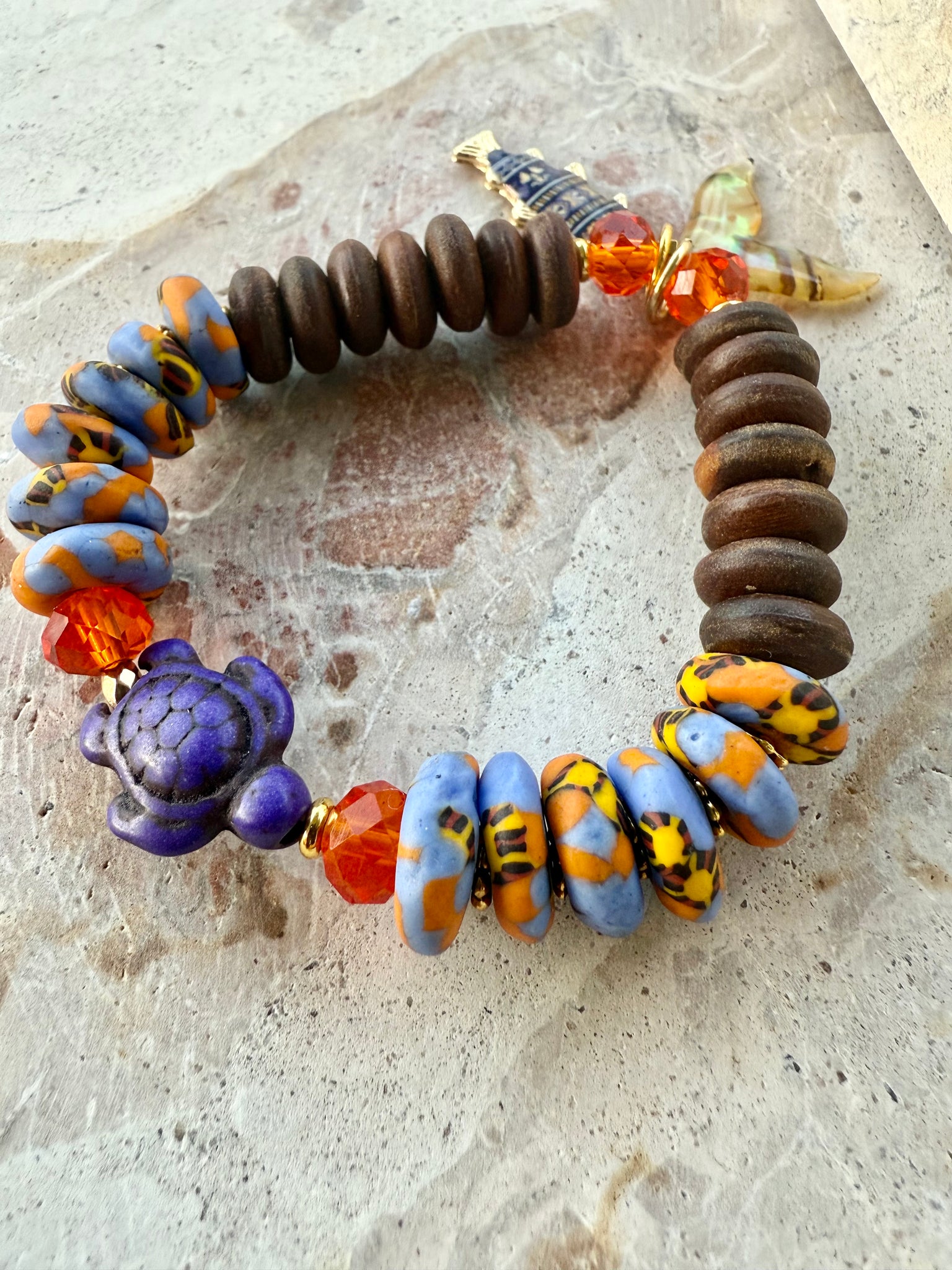 African Trade Bead Shell Turtle Bracelet