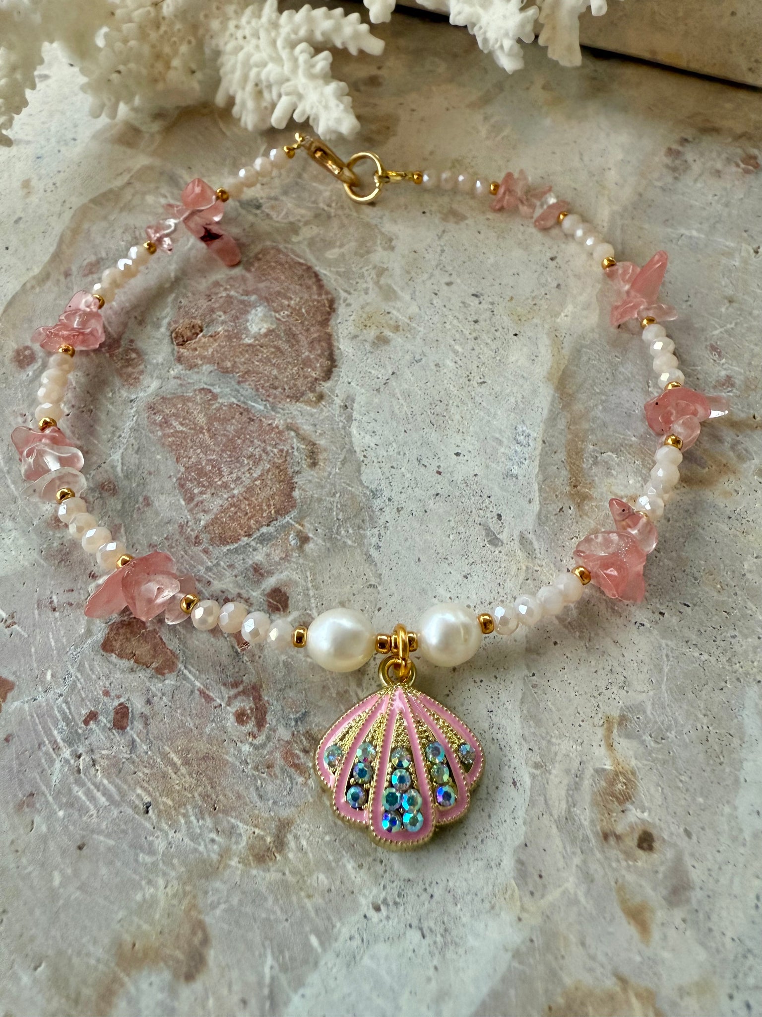 Pink Stone Chip Pearl Anklet