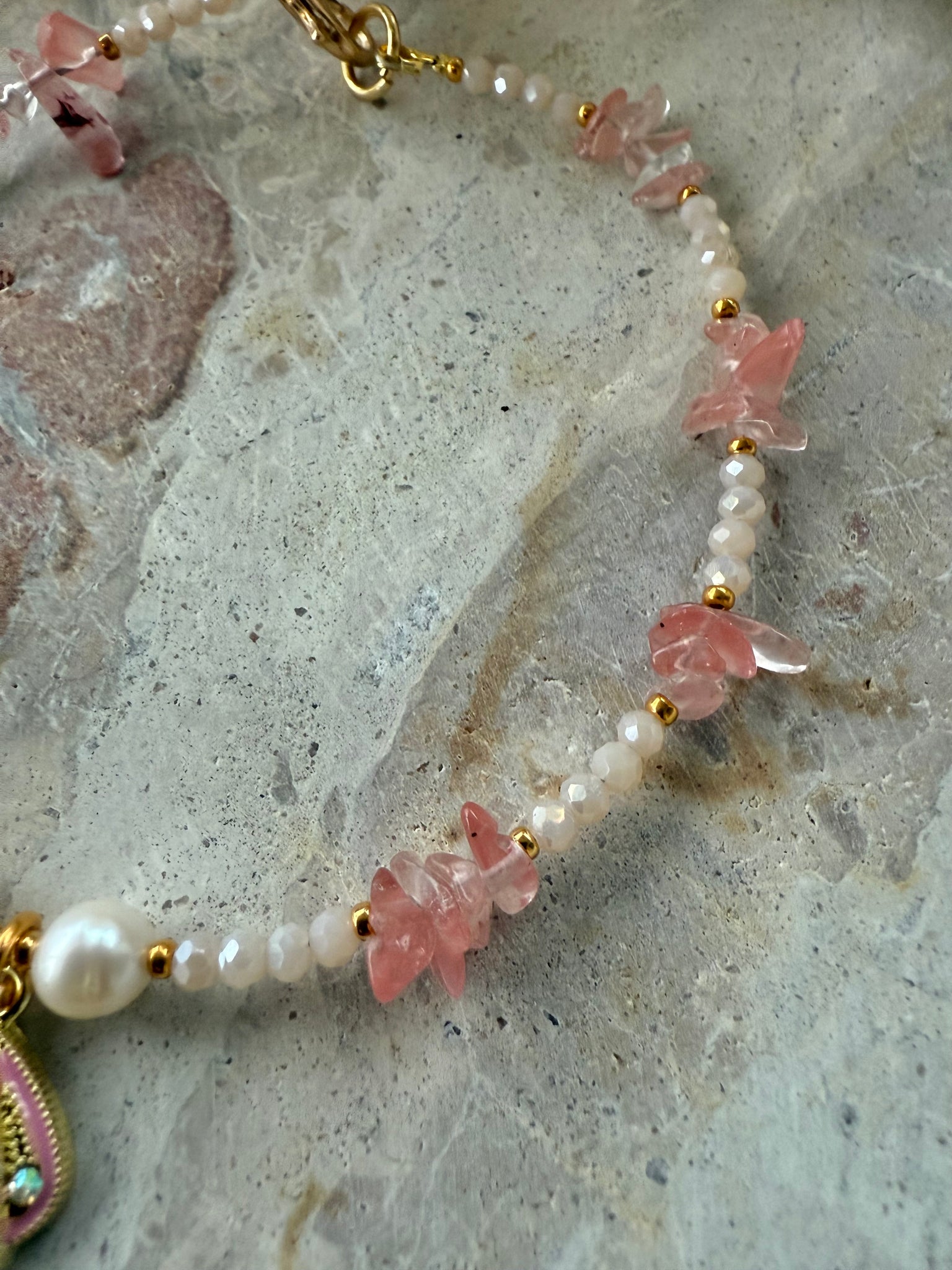Pink Stone Chip Pearl Anklet