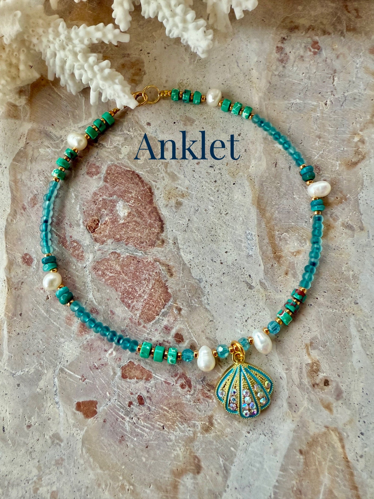 Aqua Shell Seed Bead Anklet