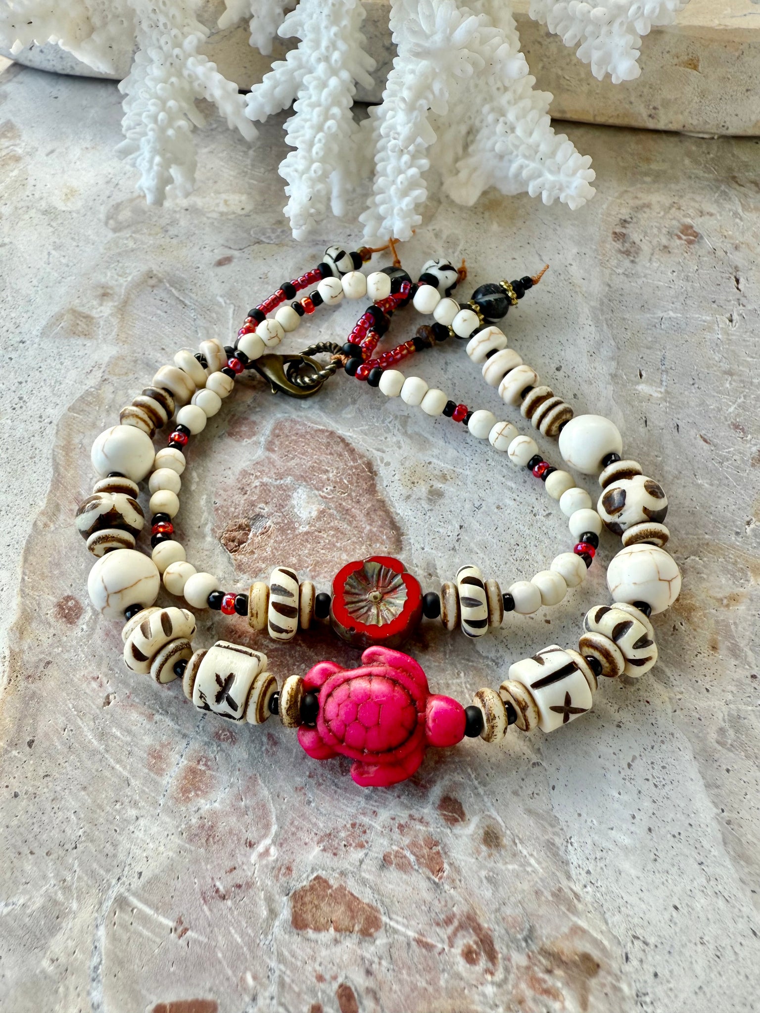 Pink Sunset Turtle Charm Shell Wrap Bracelet