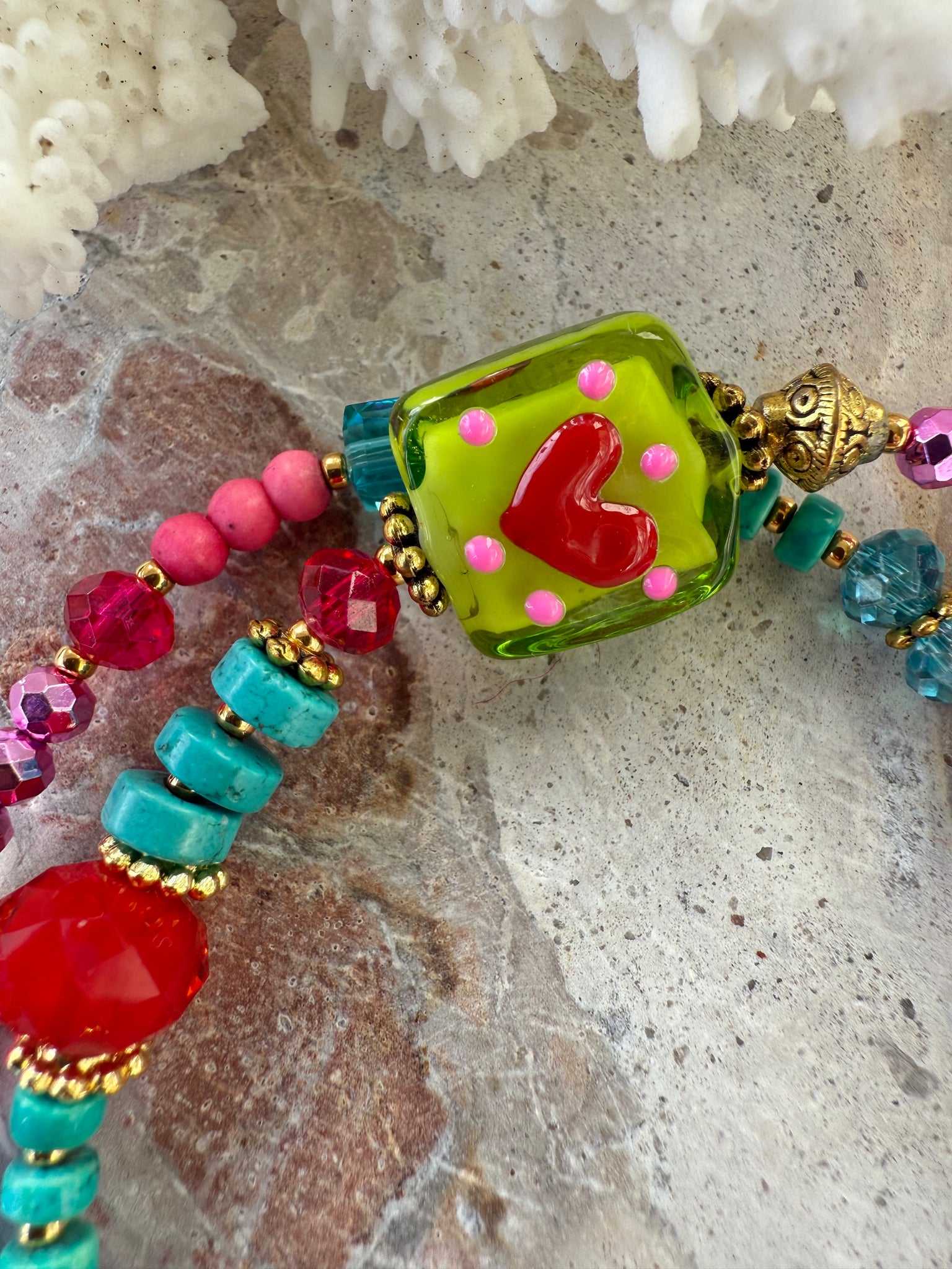 Crystal Heart Charm Beaded Bracelet