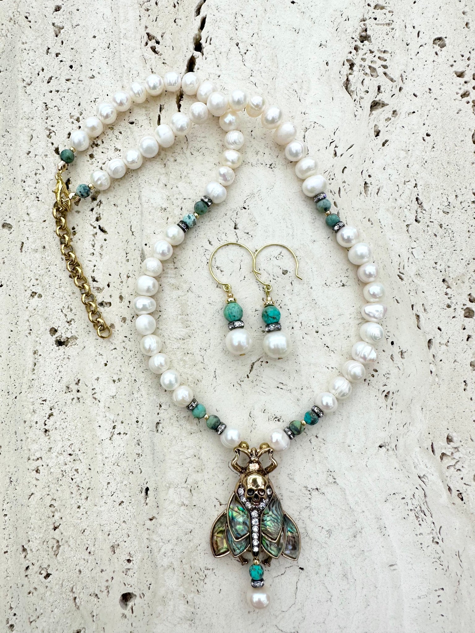 Pearl Skull Turquoise Necklace