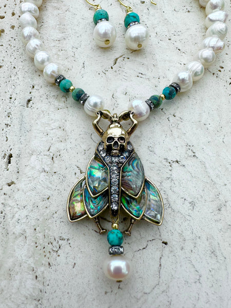 Pearl Turquoise Skull Necklace