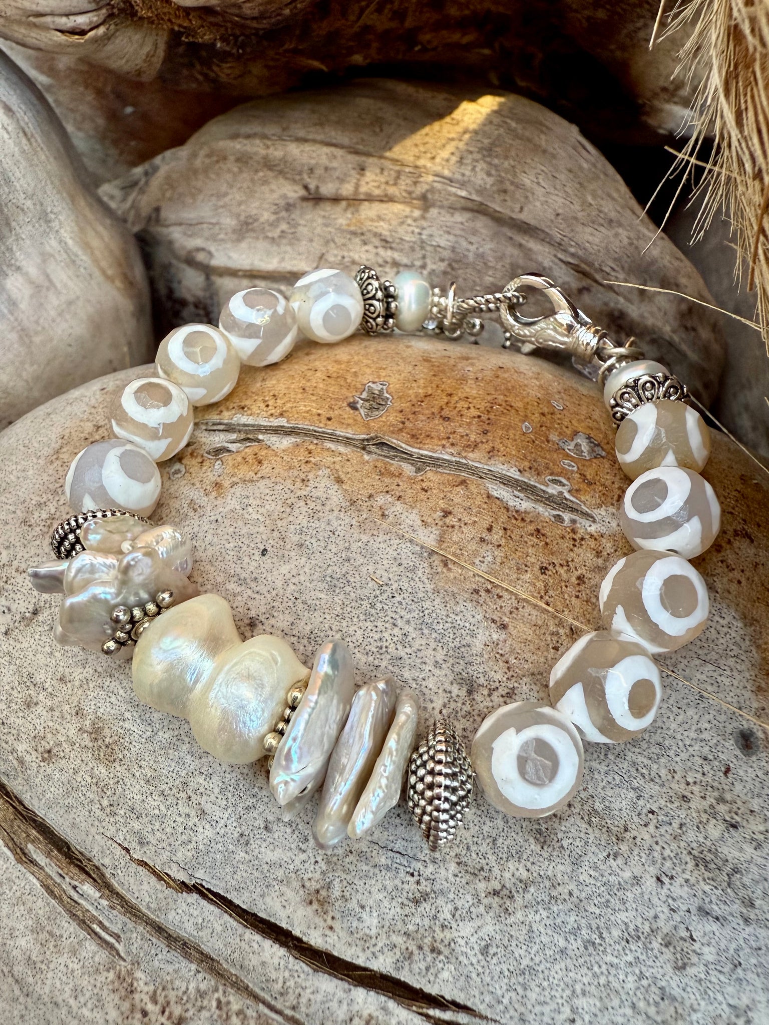 White Stone Beaded Pearl Silver Bracelet