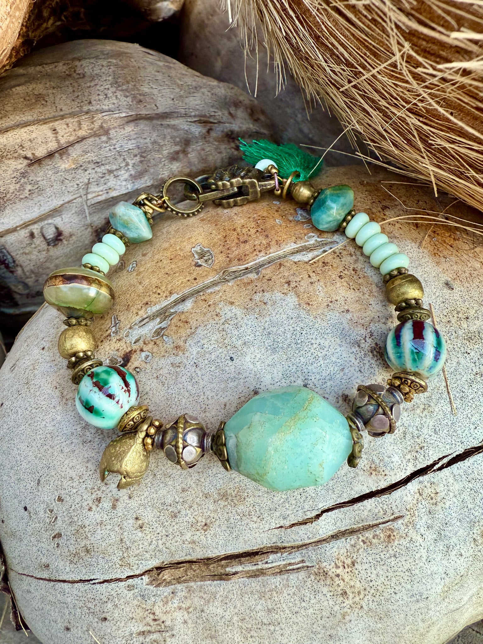 Tibetan Brass Charm Stone Bracelet
