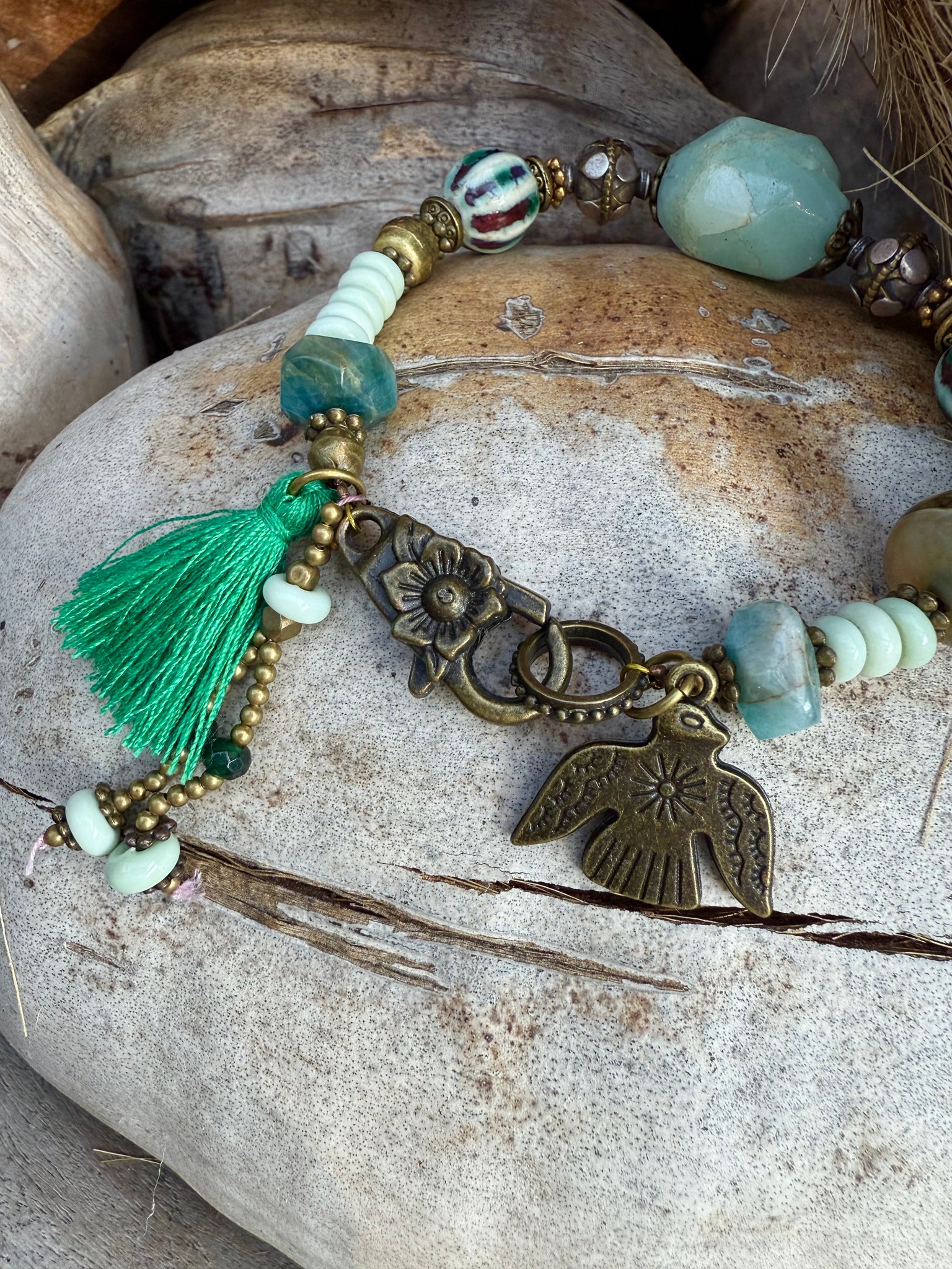 Tibetan Brass Charm Stone Bracelet