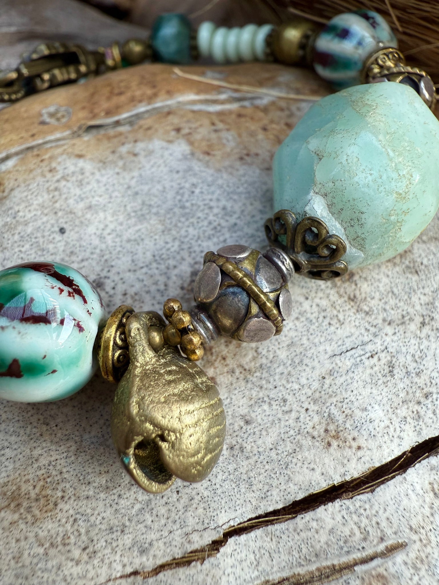 Tibetan Brass Charm Stone Bracelet