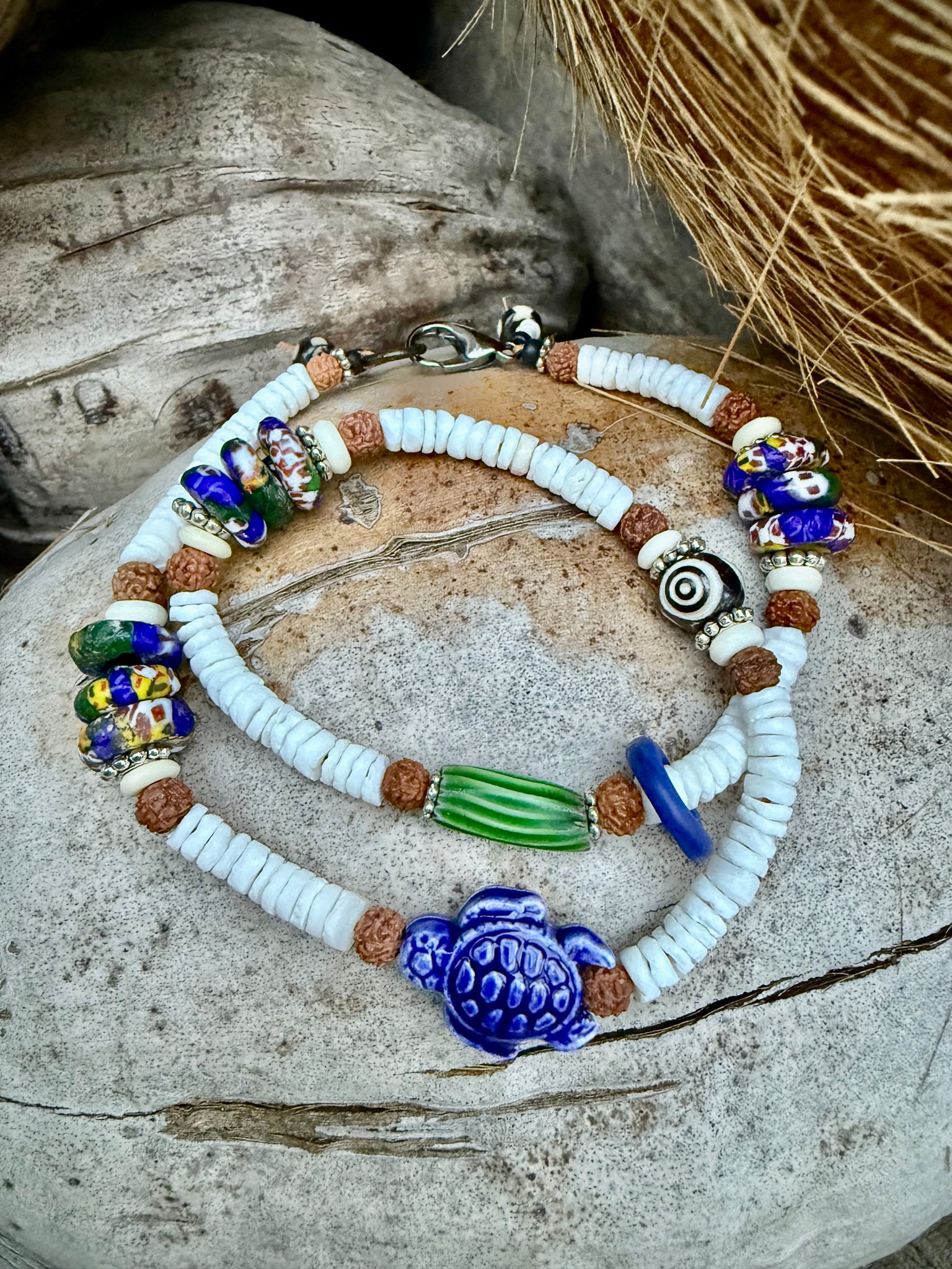 White Shell Charm African Trade Bead Bracelet