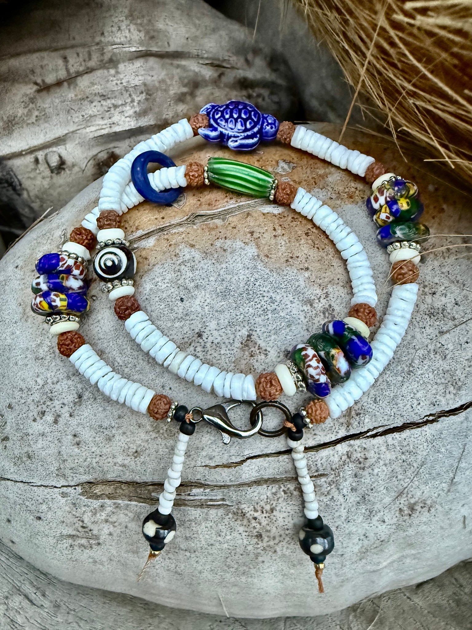 White Shell Charm African Trade Bead Bracelet