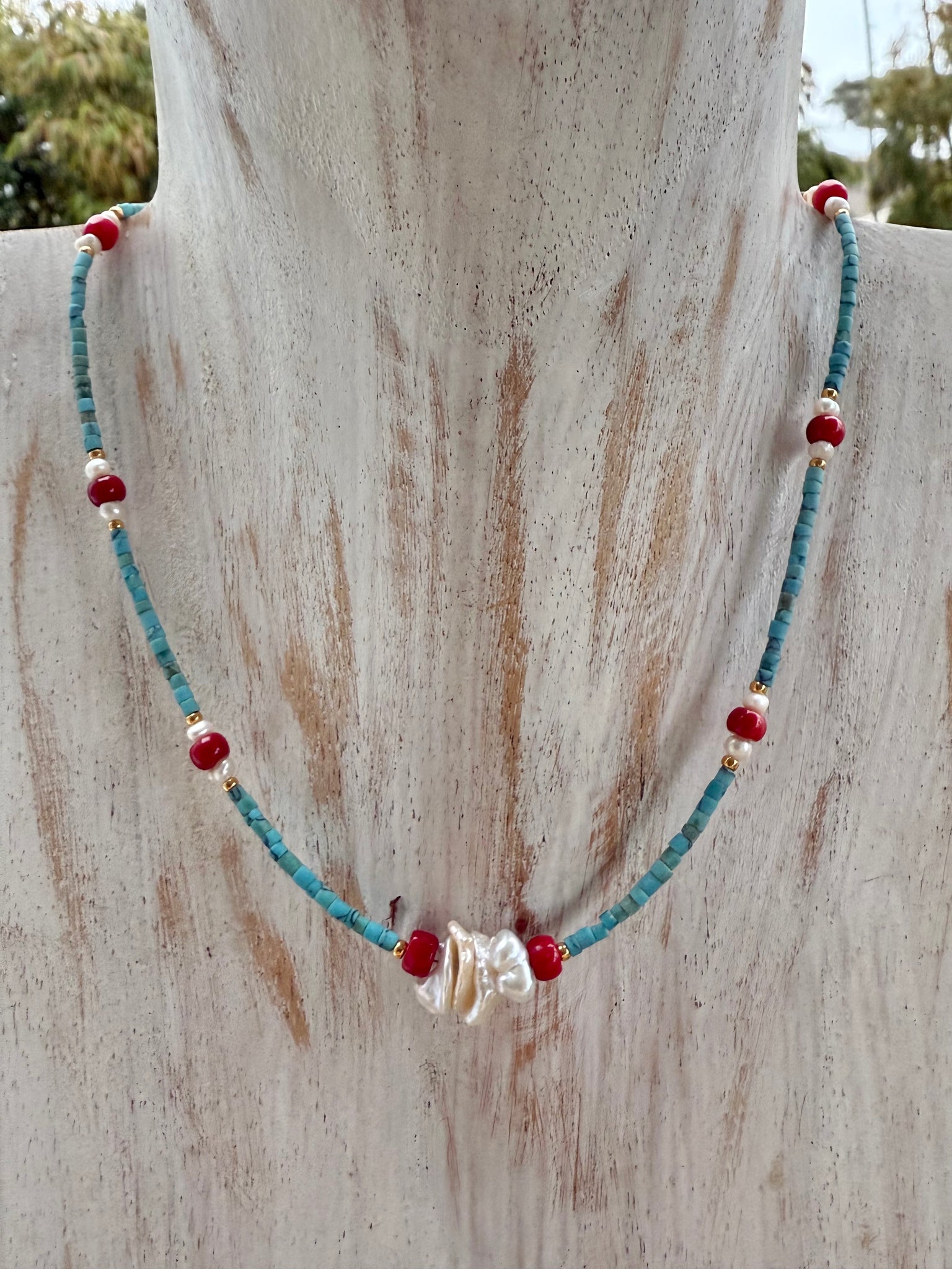 Turquoise Stone Pearl Choker - Necklace