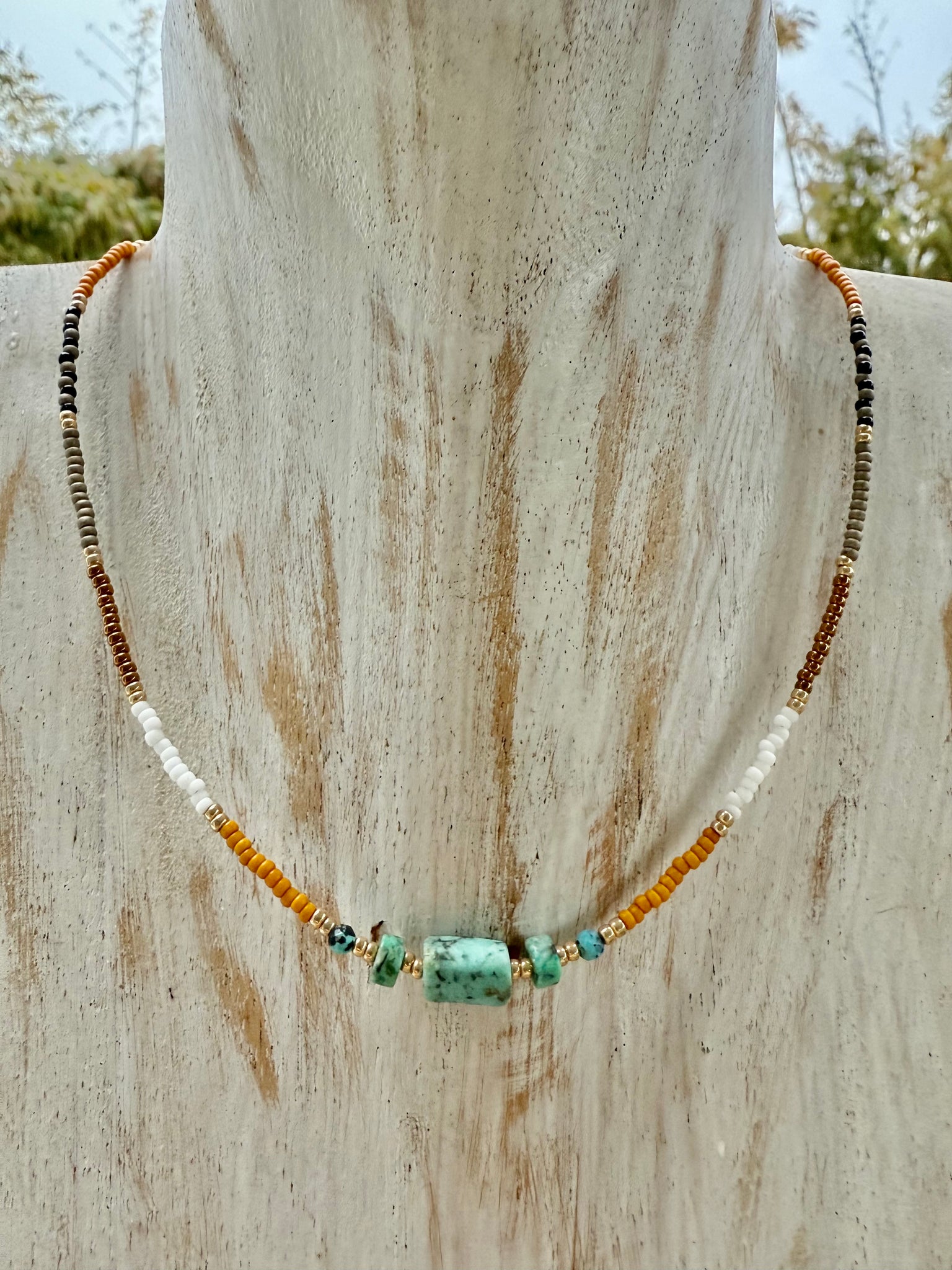 Turquoise Stone Seed Bead Choker - Necklace
