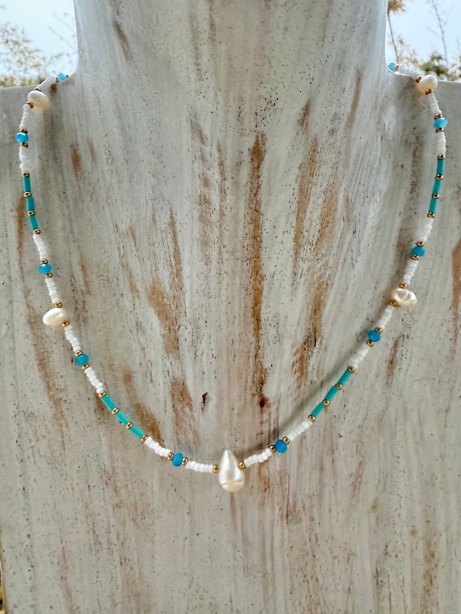 Coastal Blue Seed Bead Boho Choker Necklace