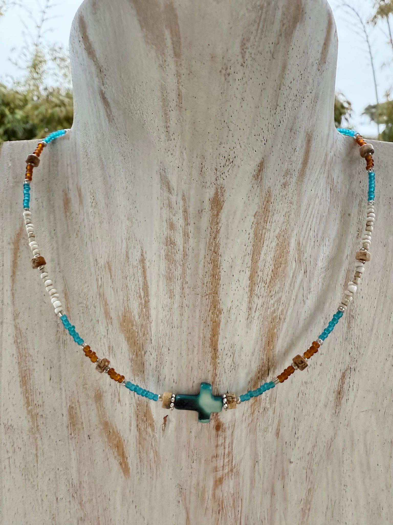 Vintage Seed Bead Turquoise Shell Cross Necklace
