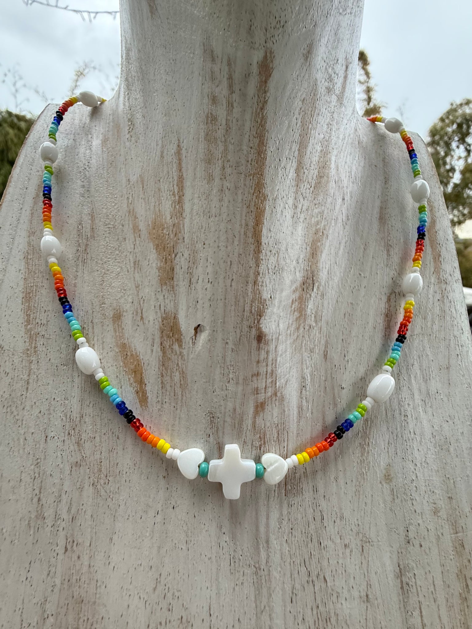 Seed Bead Shell Cross Necklace