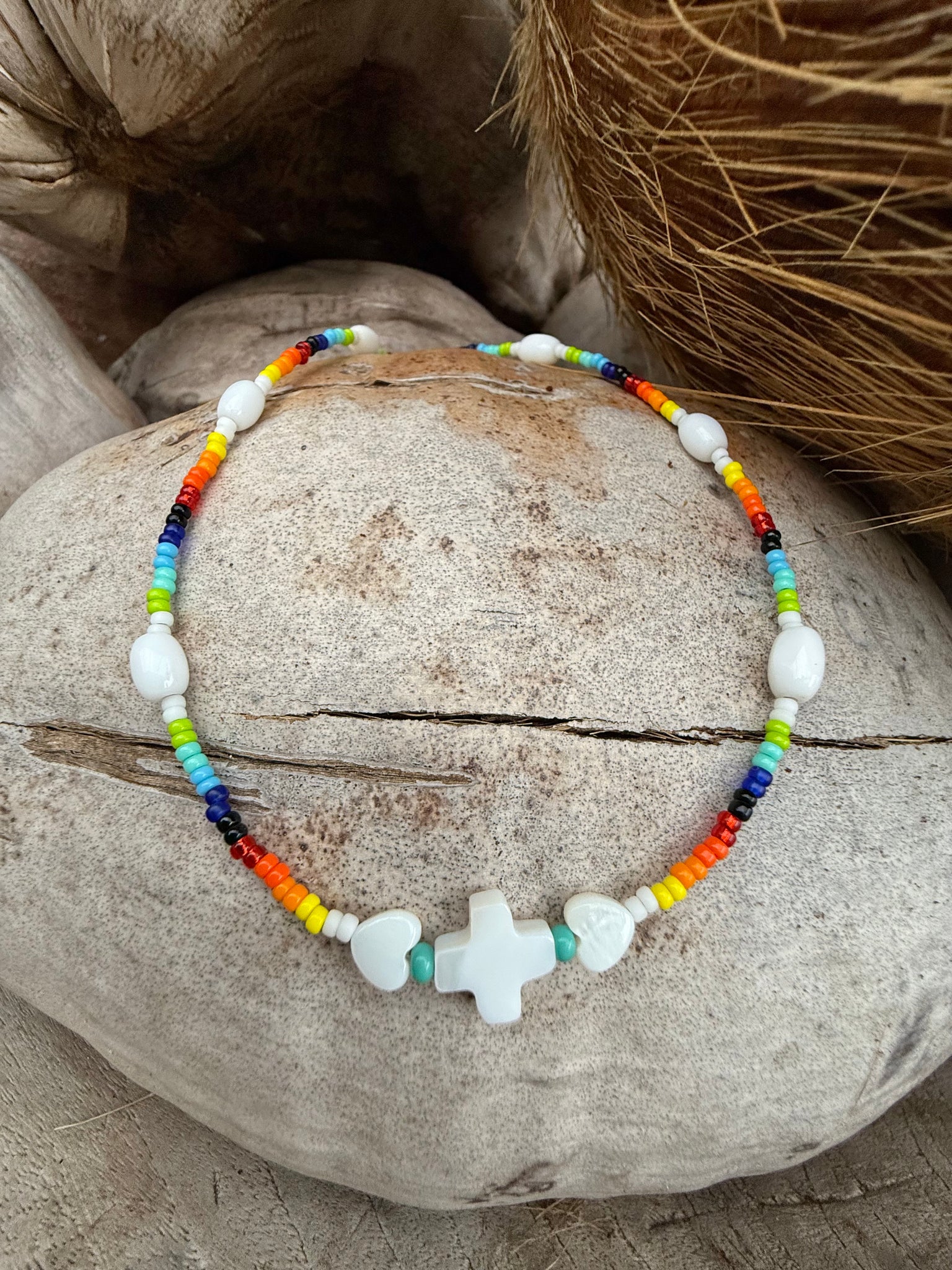 Seed Bead Shell Cross Necklace
