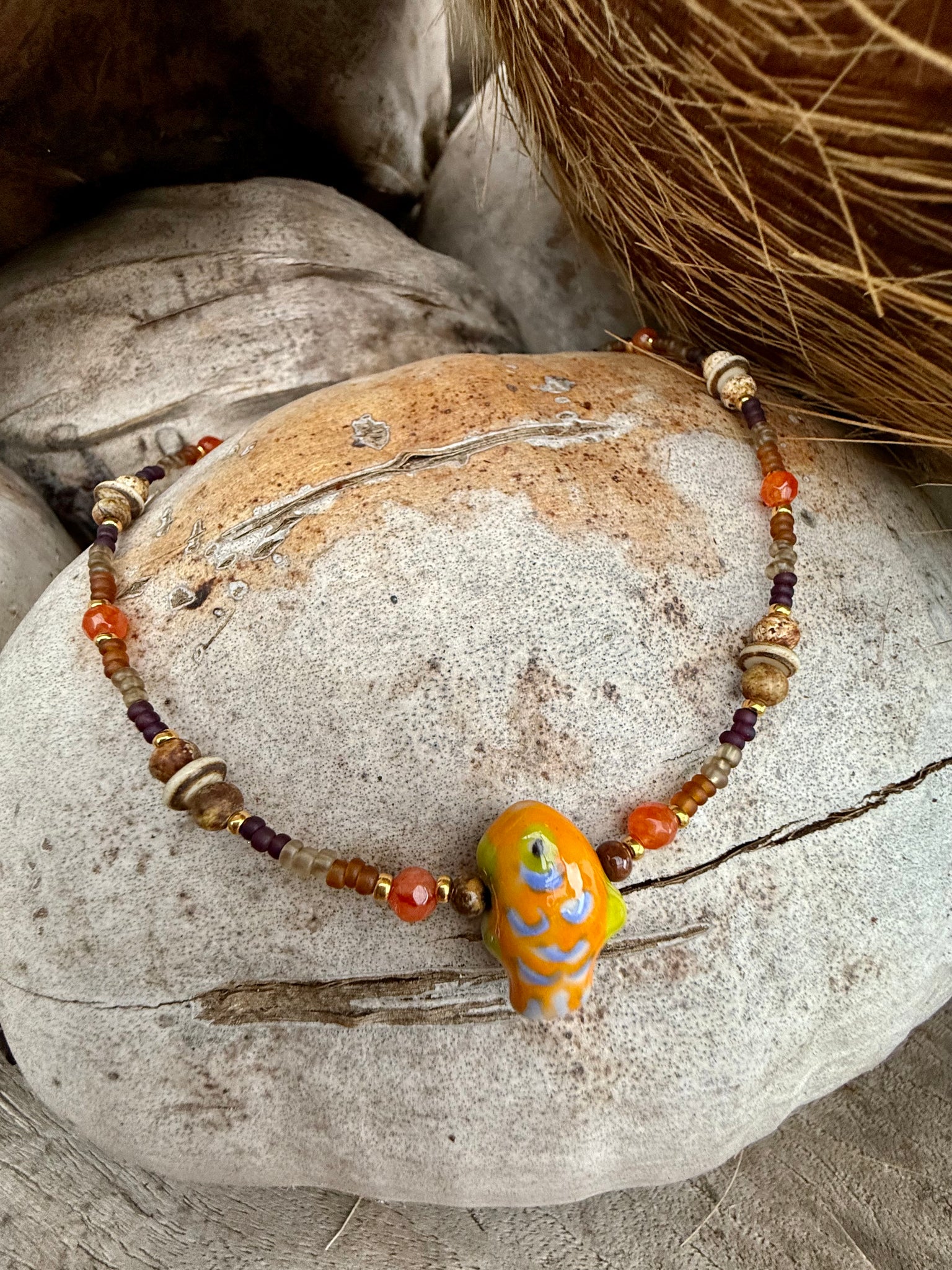 Boho Islander Fish Seed Bead Necklace