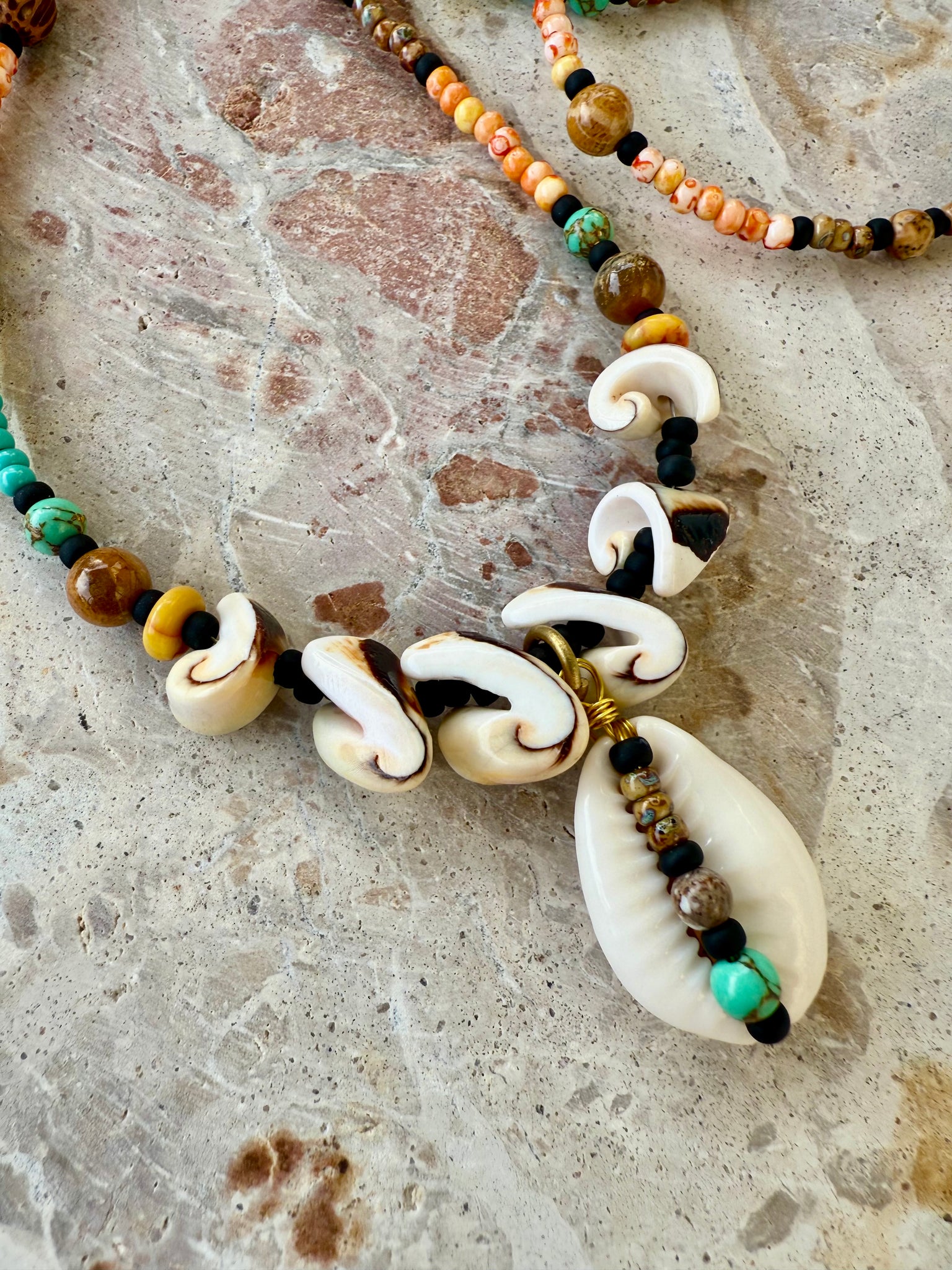 Orange Seed Bead Cowrie Shell Necklace