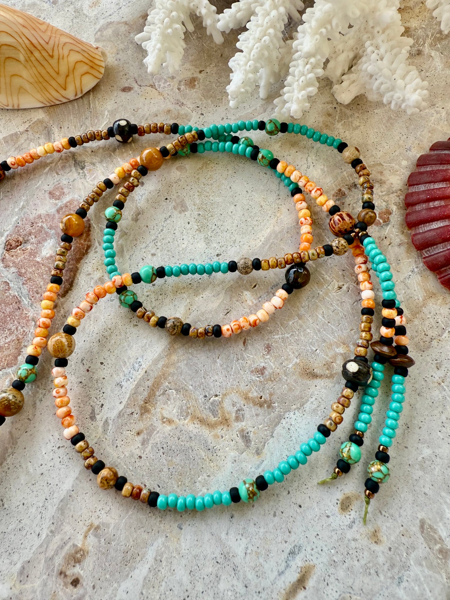 Orange Seed Bead Cowrie Shell Necklace