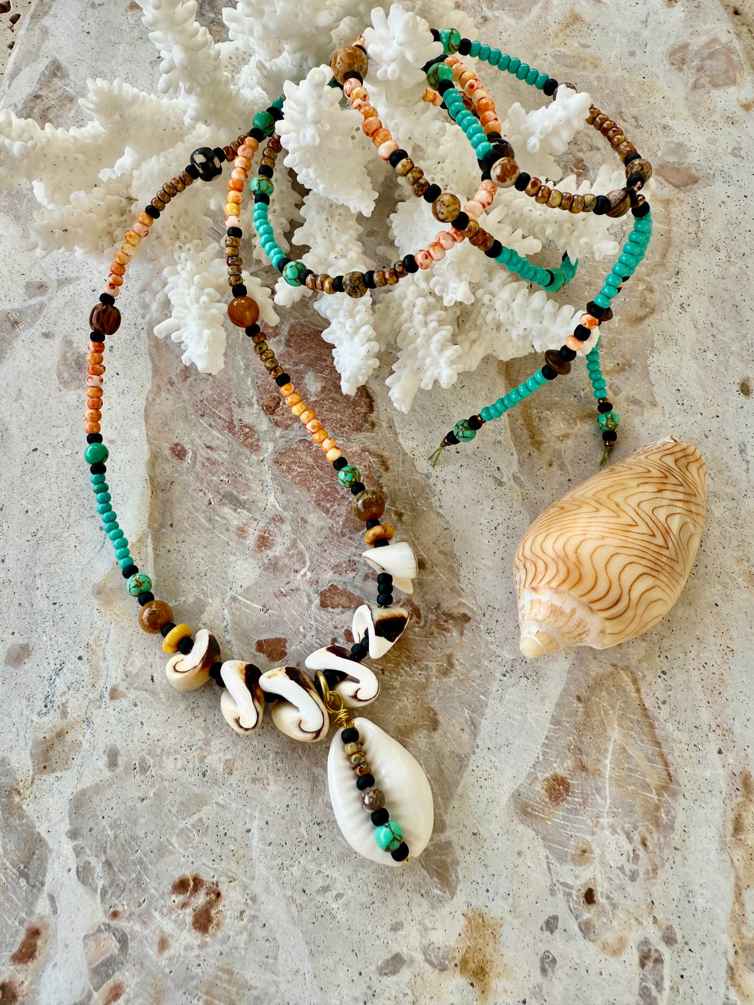 Orange Seed Bead Cowrie Shell Necklace