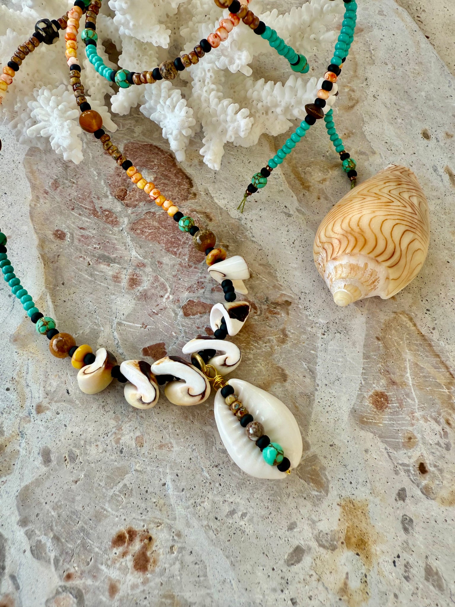 Orange Seed Bead Cowrie Shell Necklace