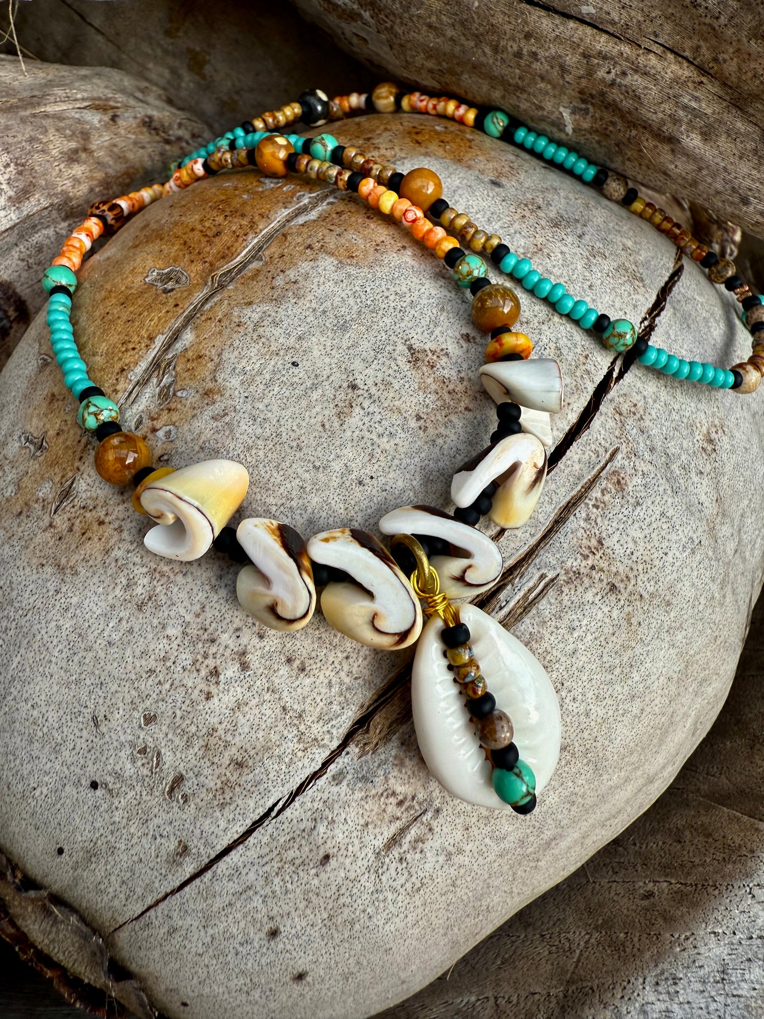 Orange Seed Bead Cowrie Shell Necklace