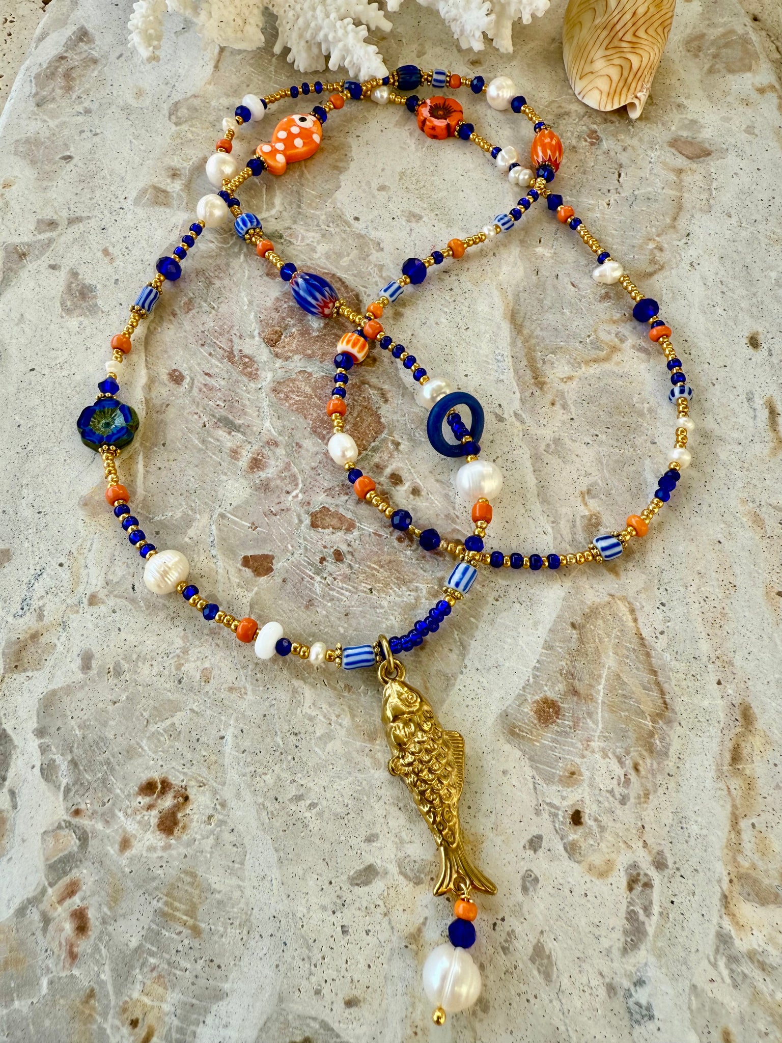 Sunkissed Seed Bead Orange-Blue Necklace