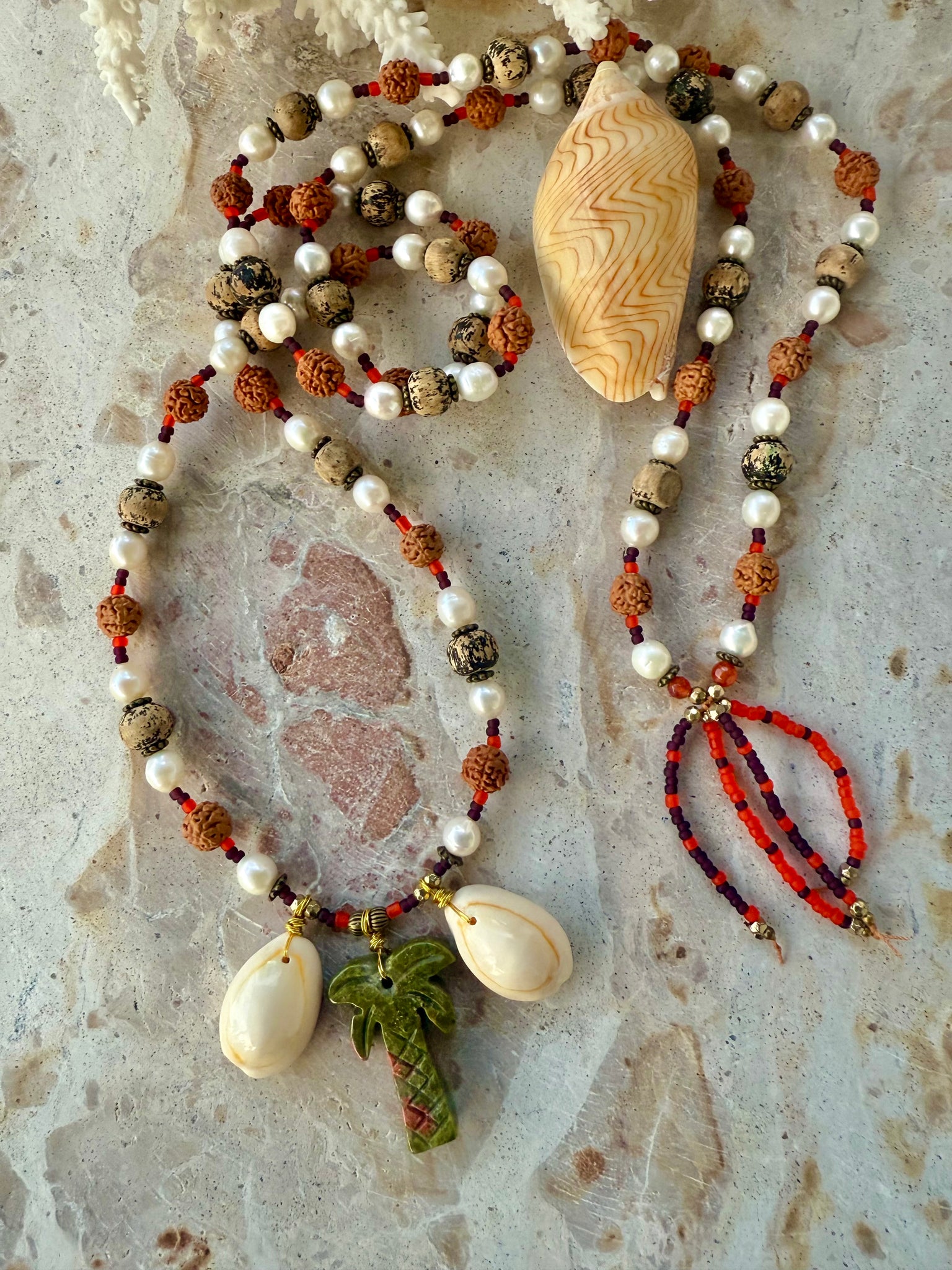 Rudraksha Palm Islander Cowrie Beaded Necklace