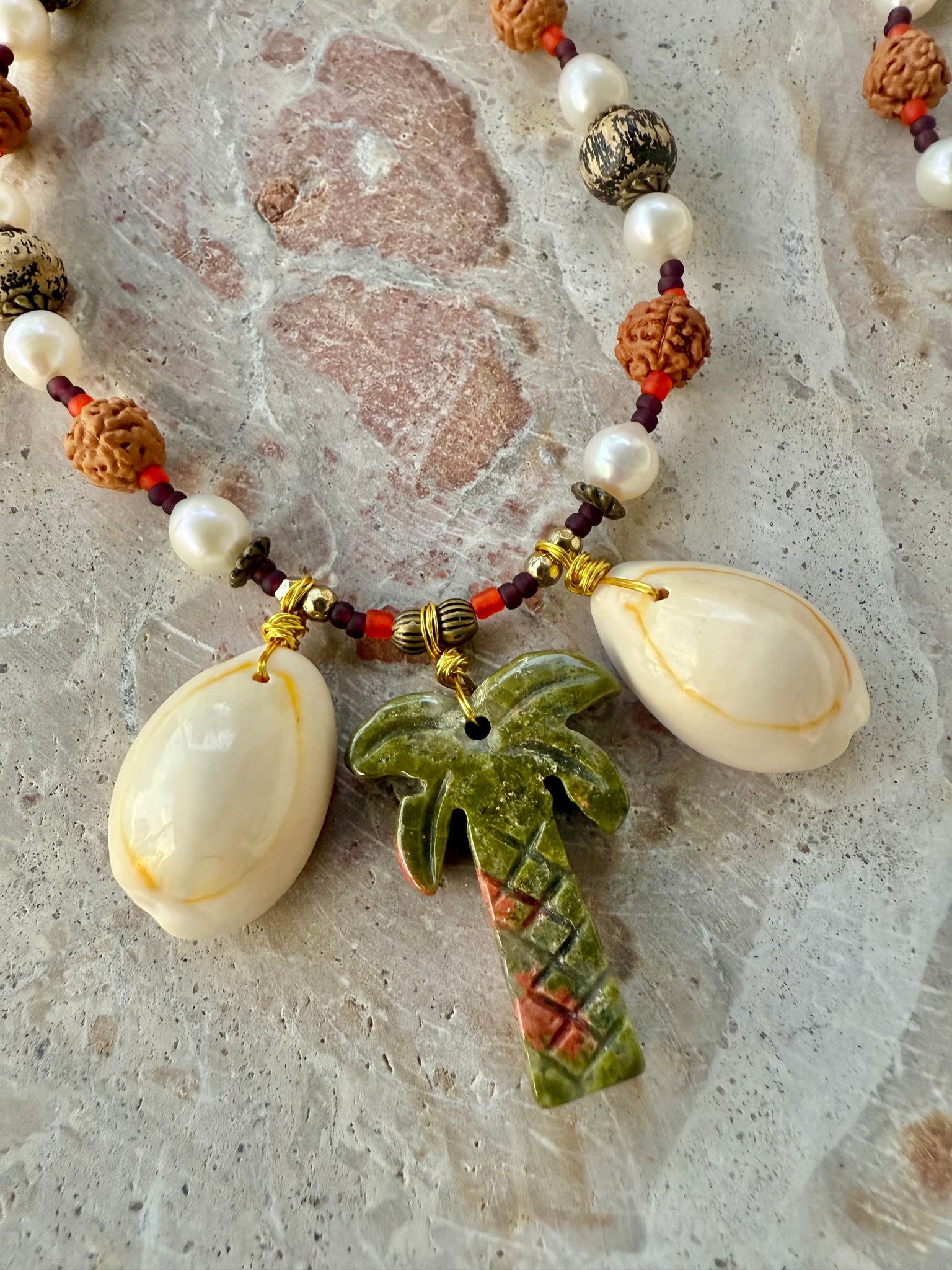Rudraksha Palm Islander Cowrie Beaded Necklace