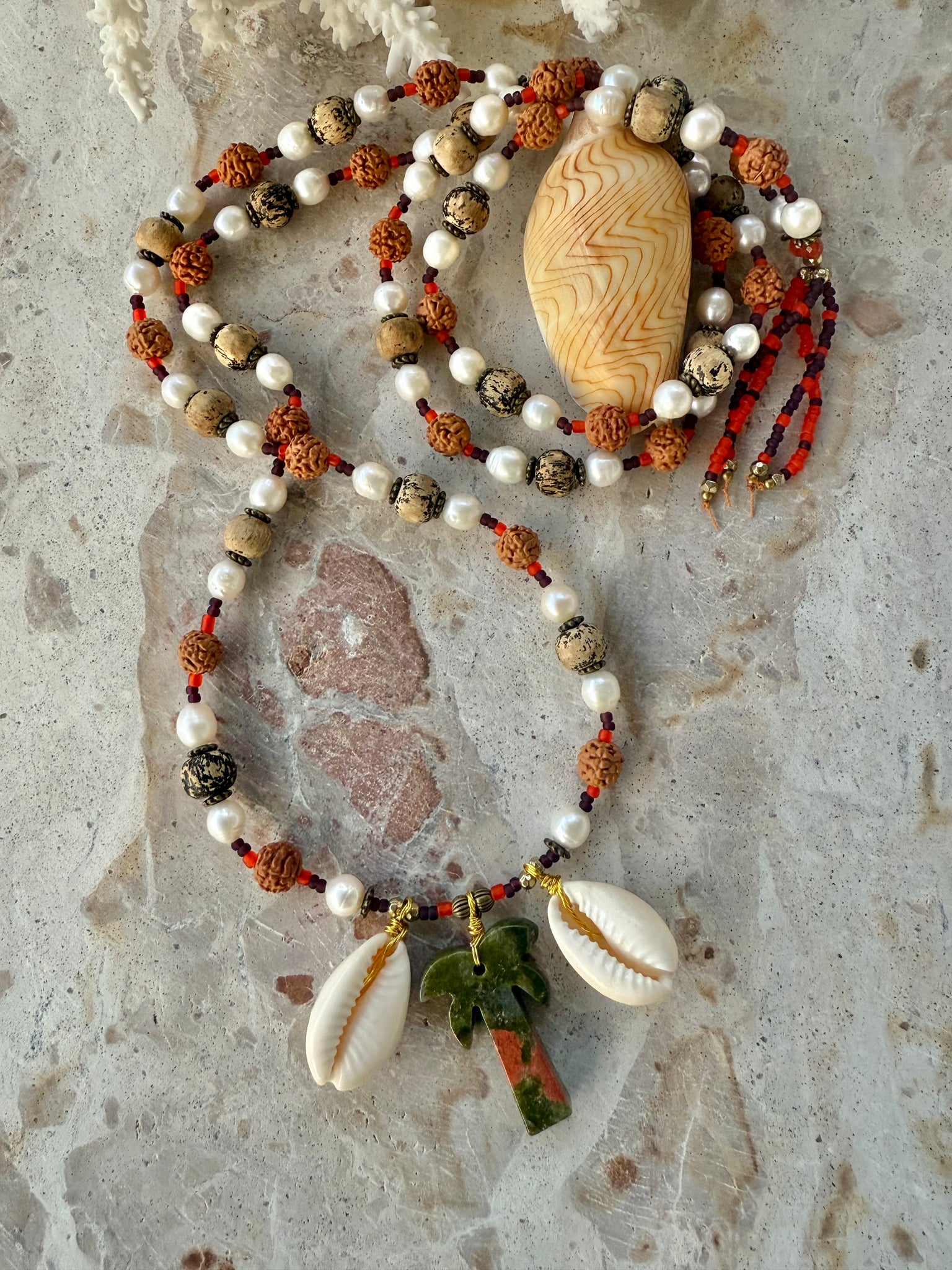 Rudraksha Palm Islander Cowrie Beaded Necklace