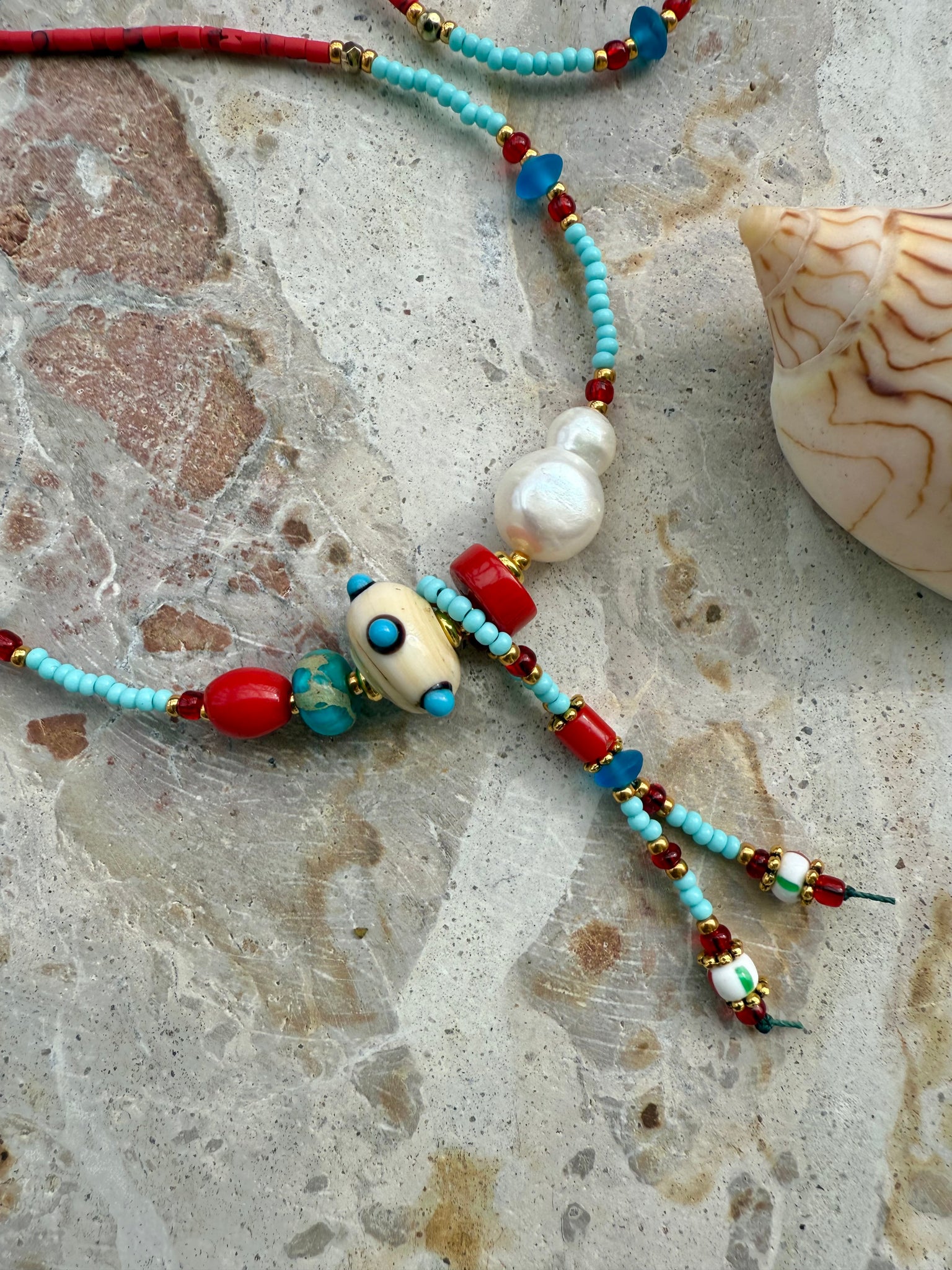 Greek Island Seed Bead Charm Necklace