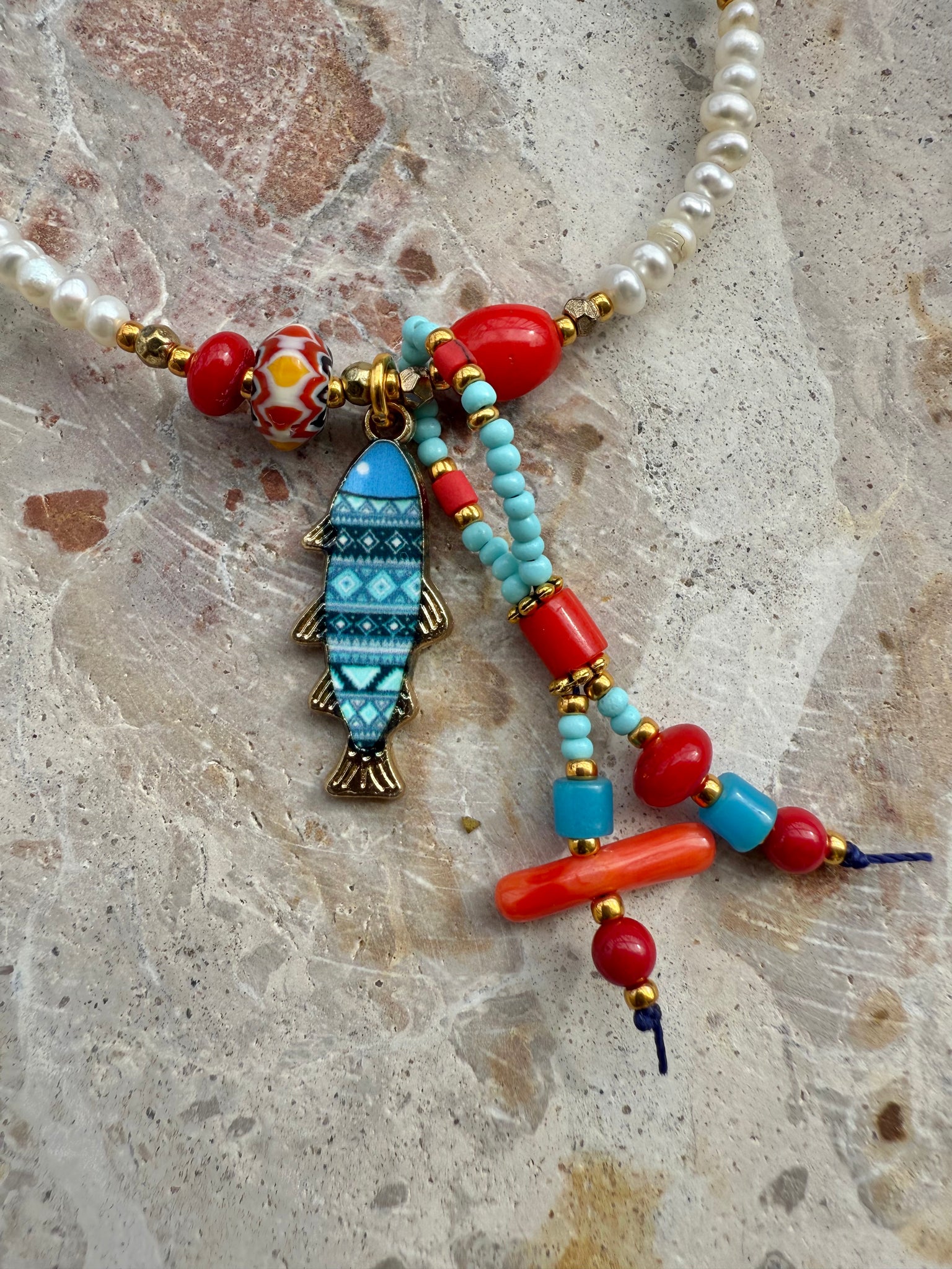 Greek Freshwater Pearl Aqua Stone Charm Necklace