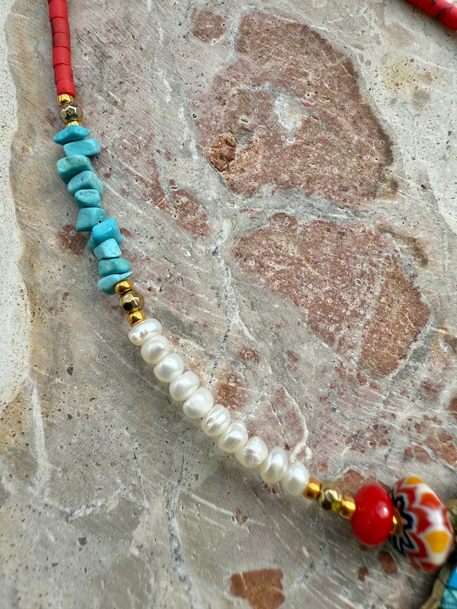 Greek Freshwater Pearl Aqua Stone Charm Necklace