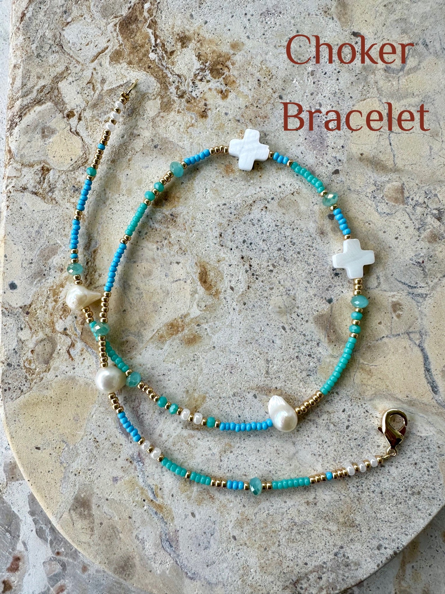 Aqua Seed Bead White Shell Cross Choker