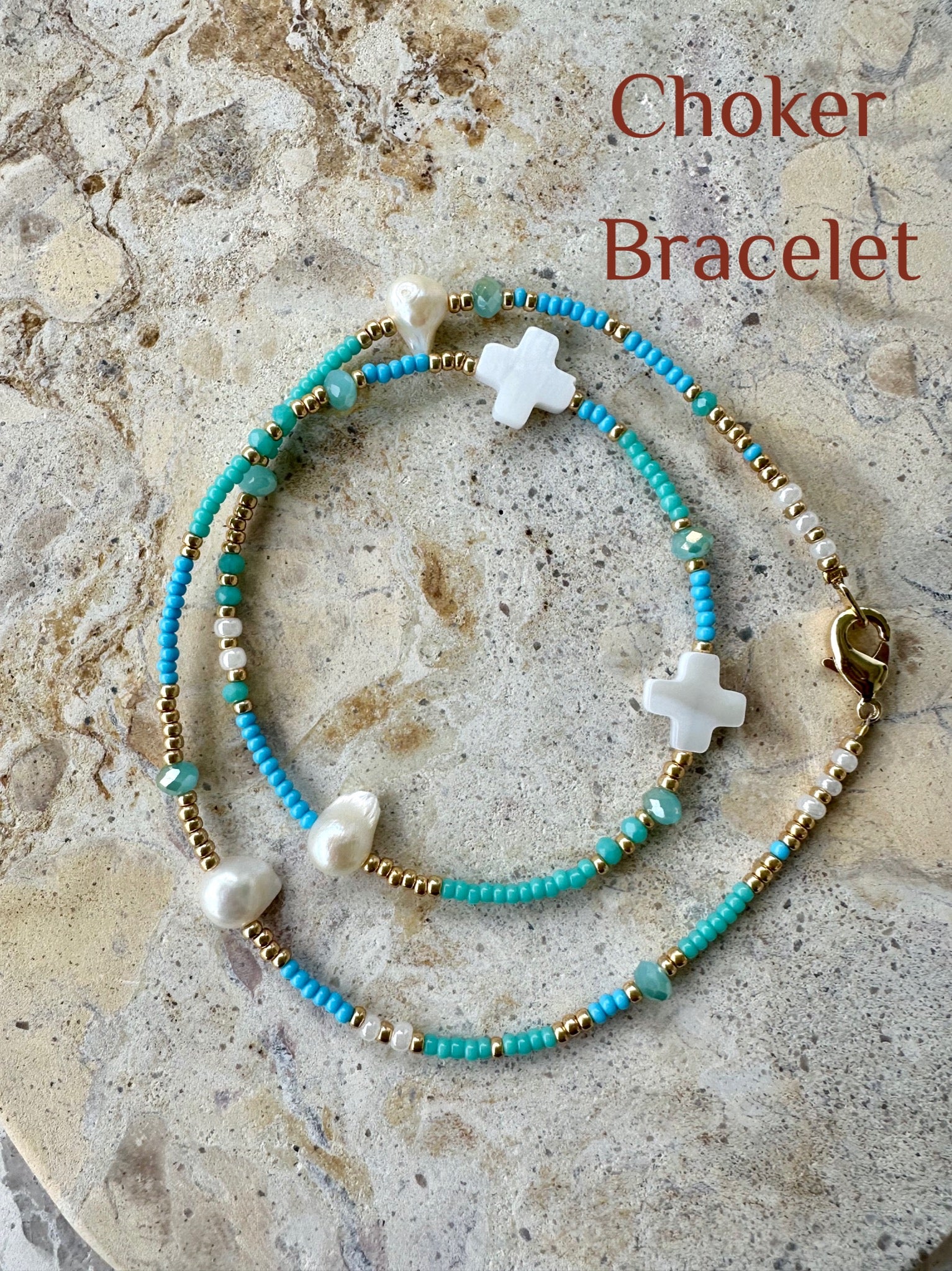 Aqua Seed Bead White Shell Cross Choker