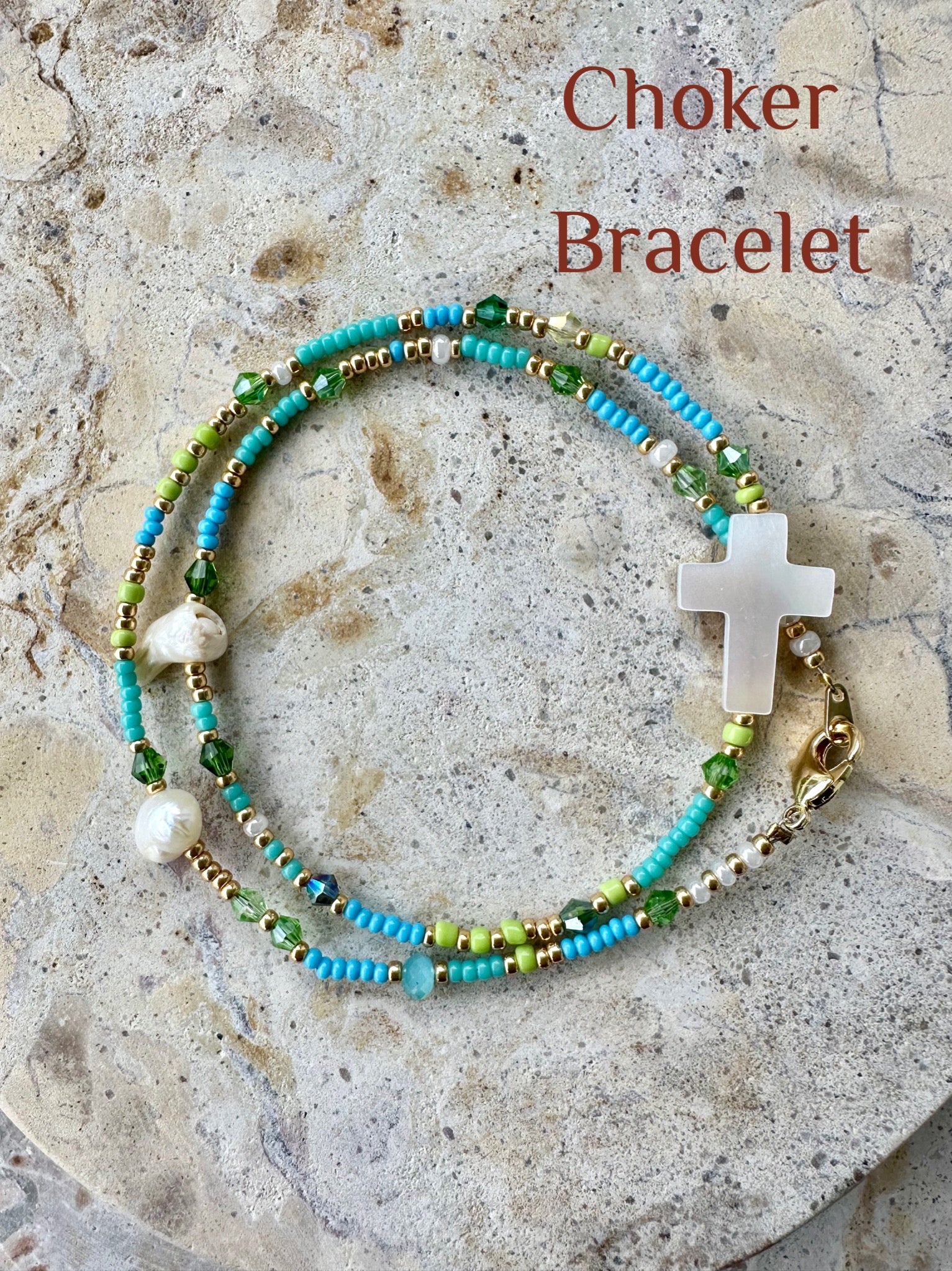 Aqua Seed Bead Shell Cross Necklace