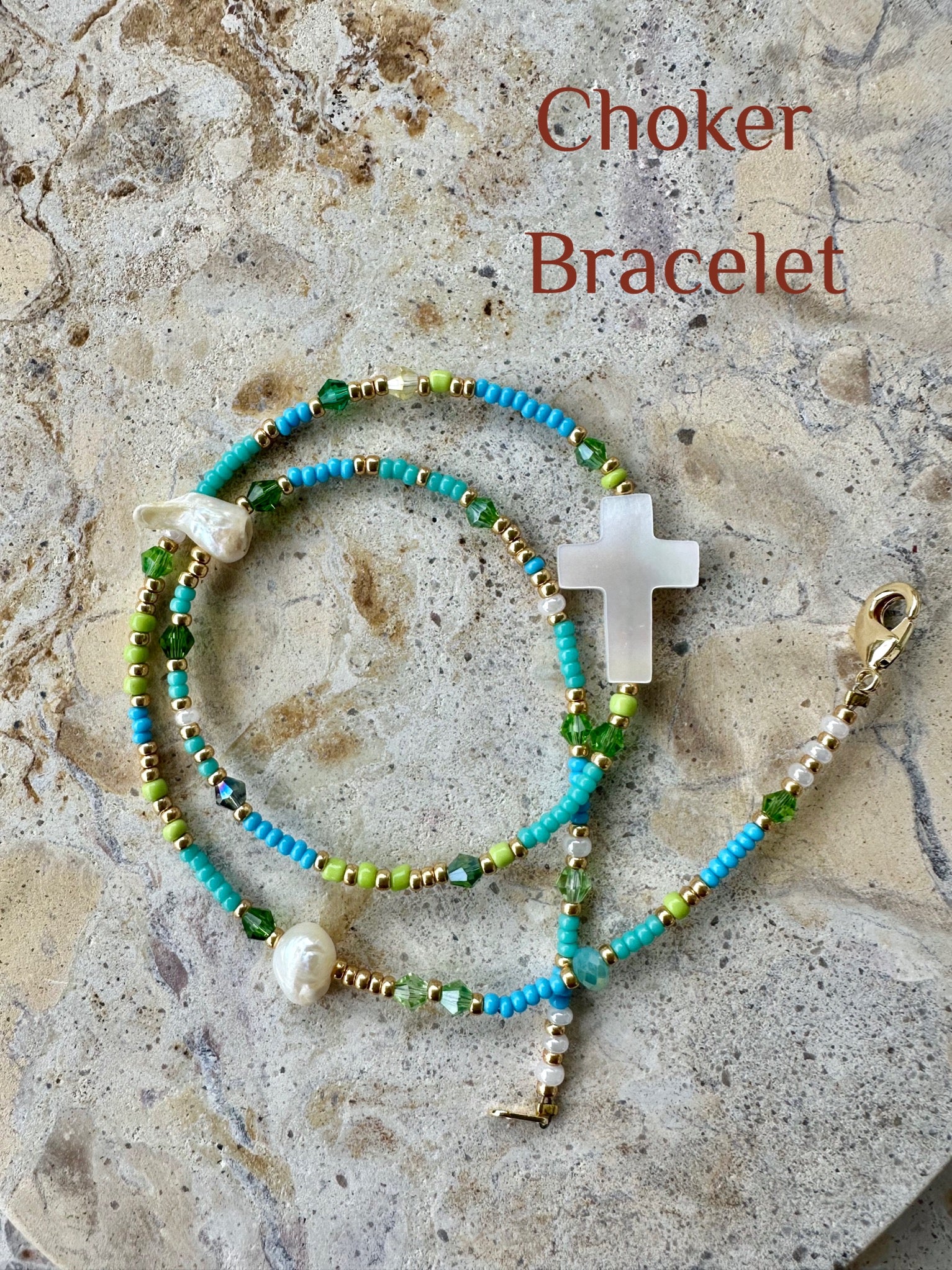 Aqua Seed Bead Shell Cross Necklace