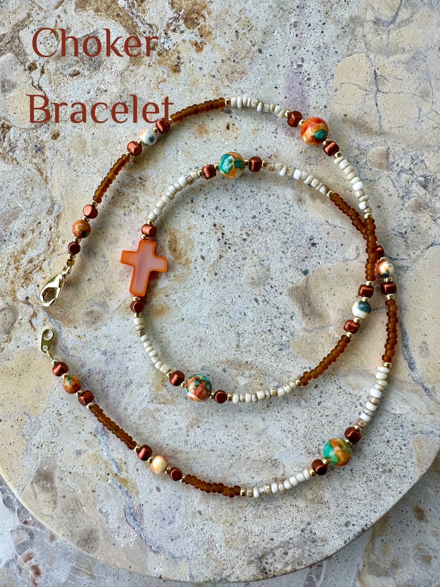 Sandy Beach Seed Bead Cross Necklace