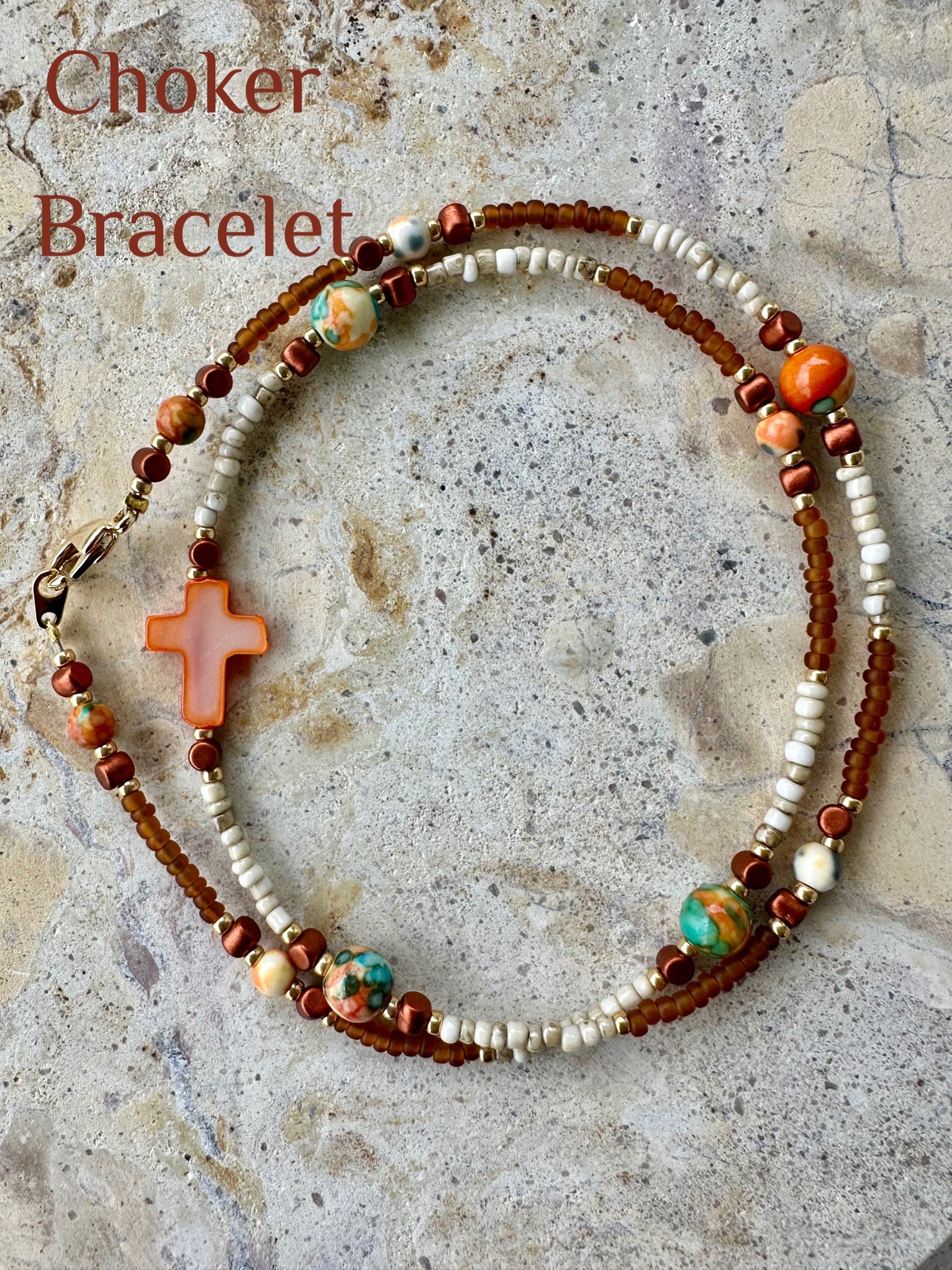 Sandy Beach Seed Bead Cross Necklace