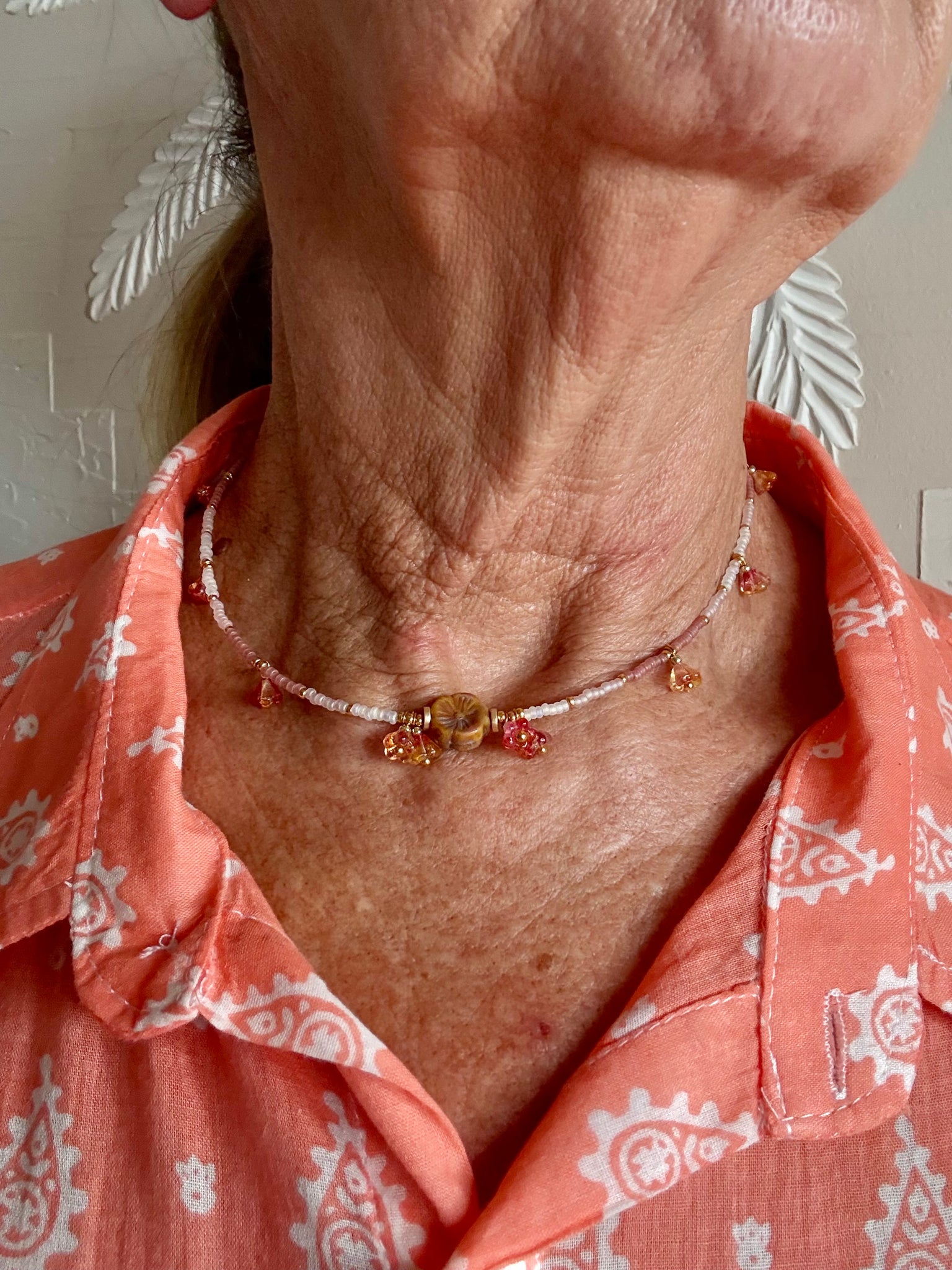 Pink Flower Seed Bead Choker