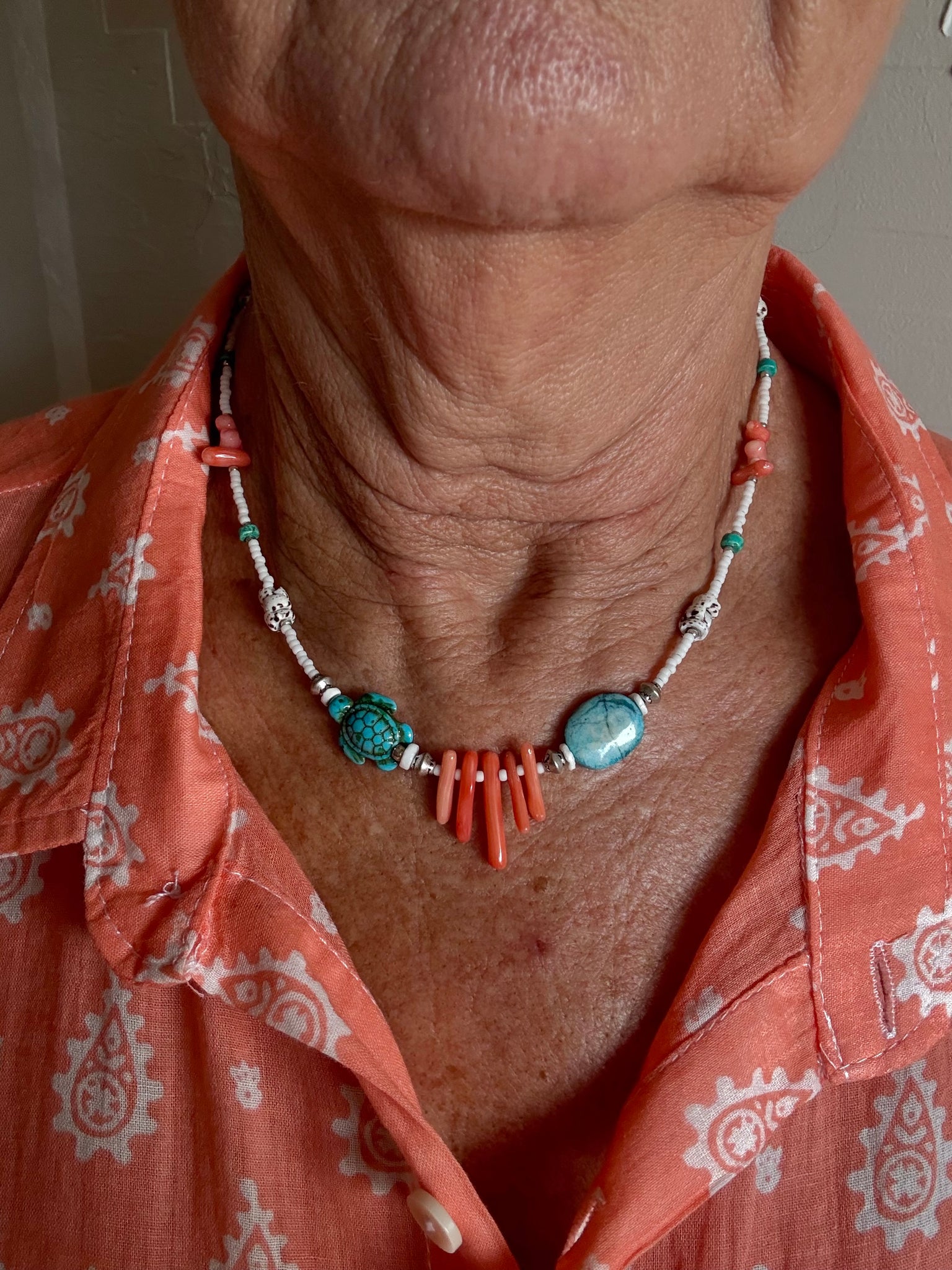 Turquoise Stone Red Shell Seed Bead Necklace