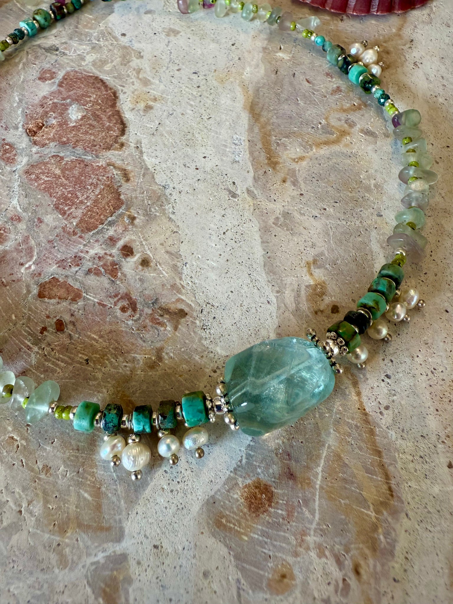 Turquoise Stone Beaded Pearl Necklace