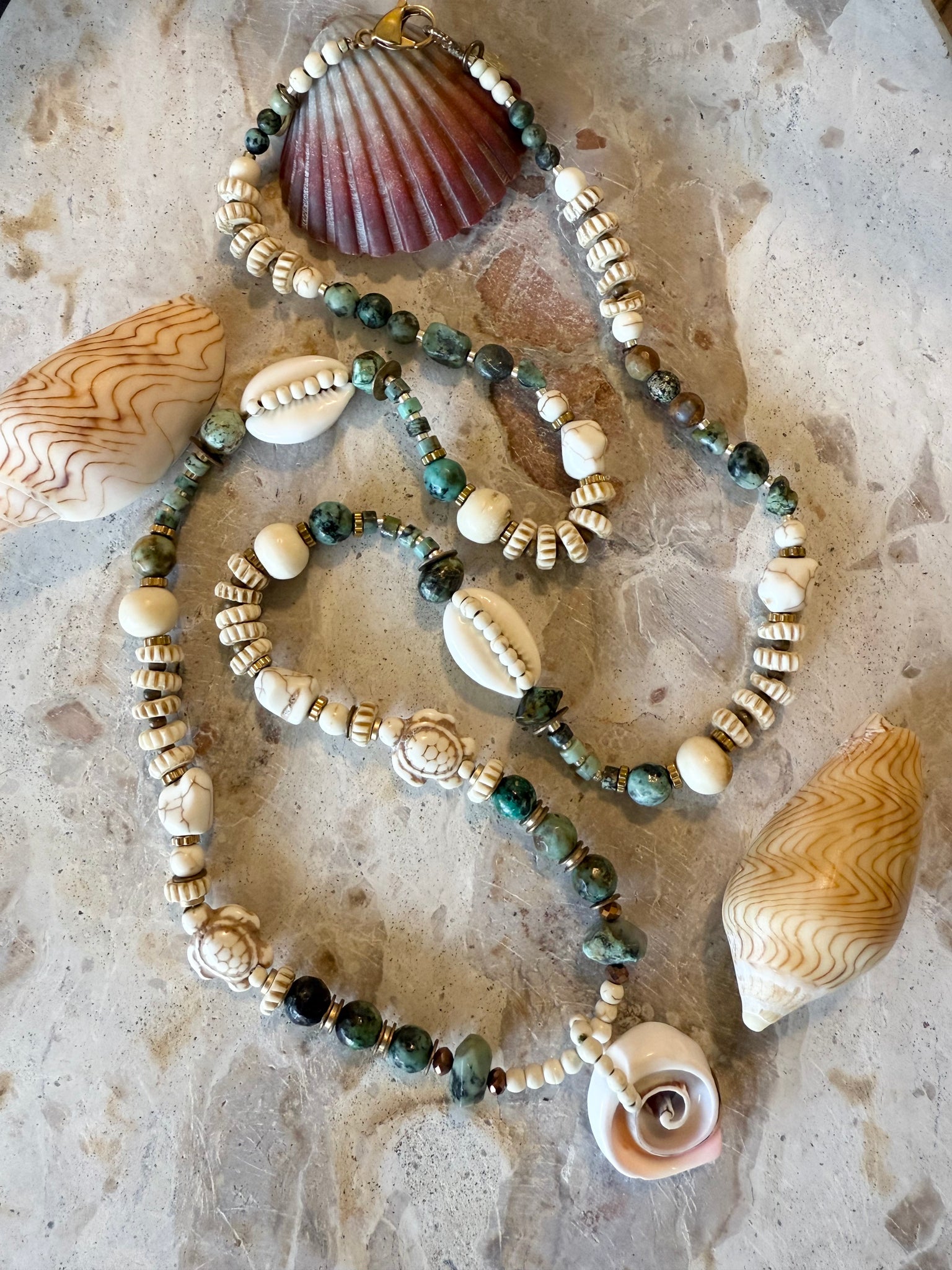 Turquoise Stone Beach Shell Beaded Necklace
