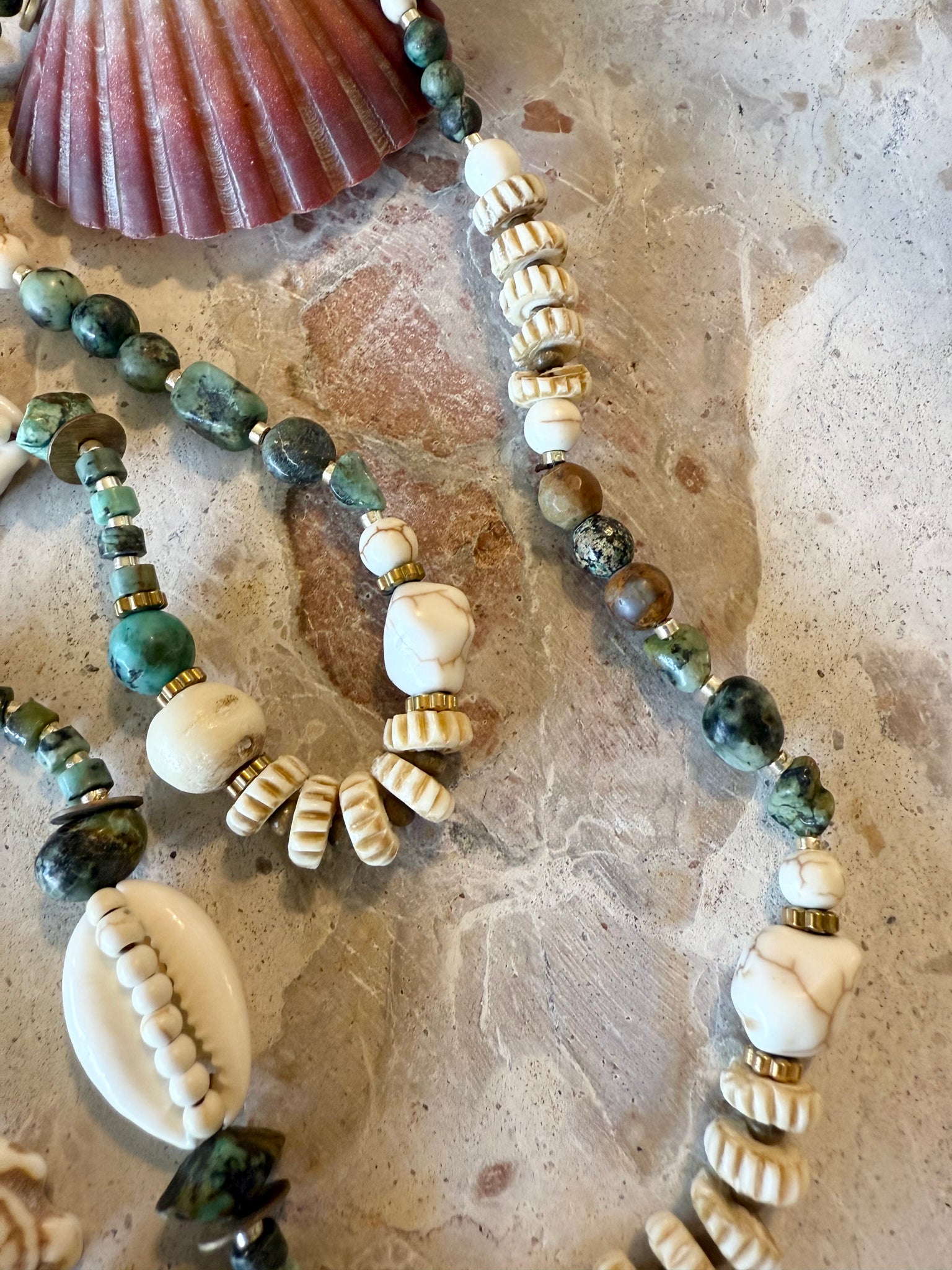 Turquoise Stone Beach Shell Beaded Necklace