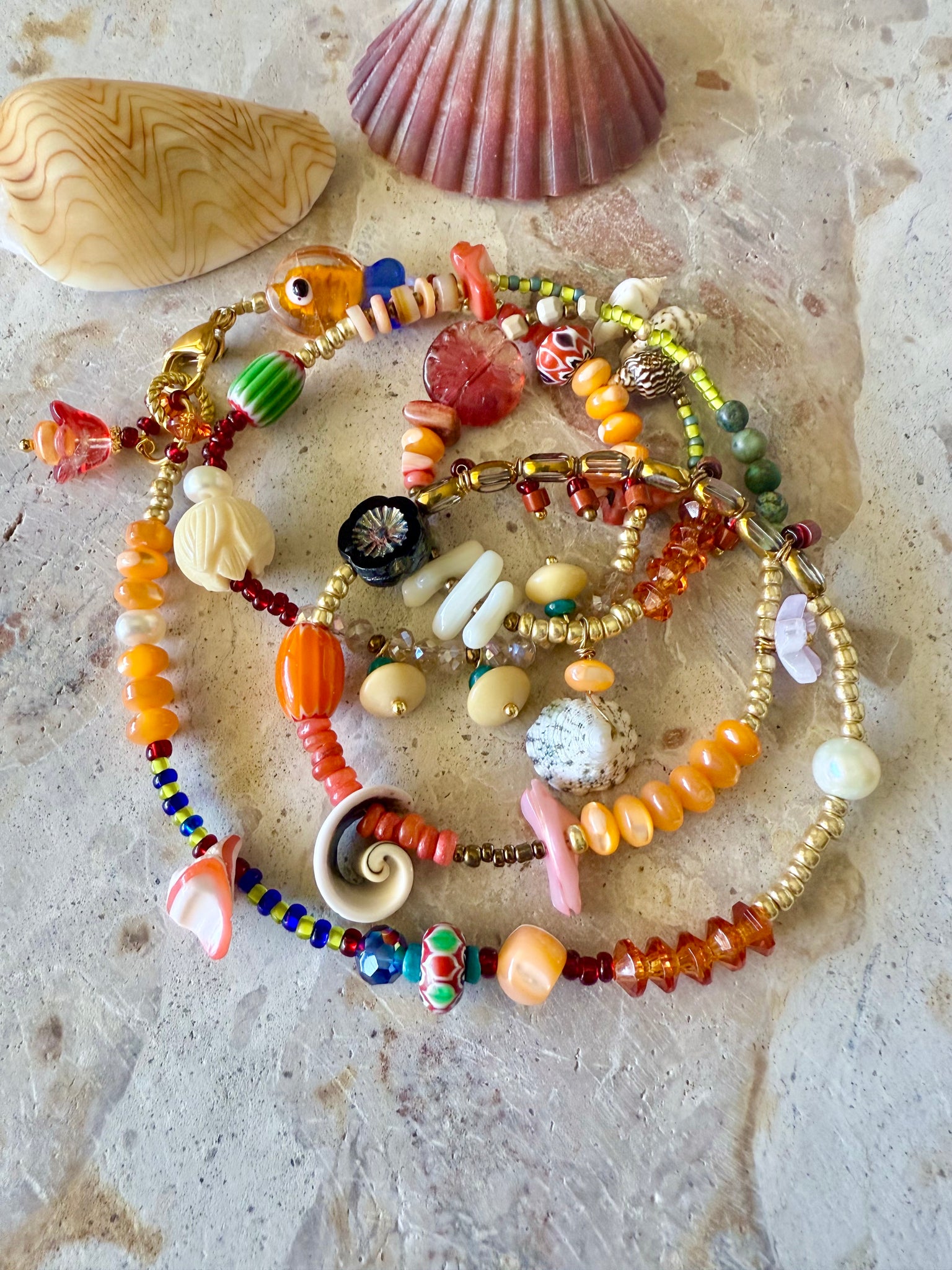 Boho Orange Coloured Beaded Charm Bracelet