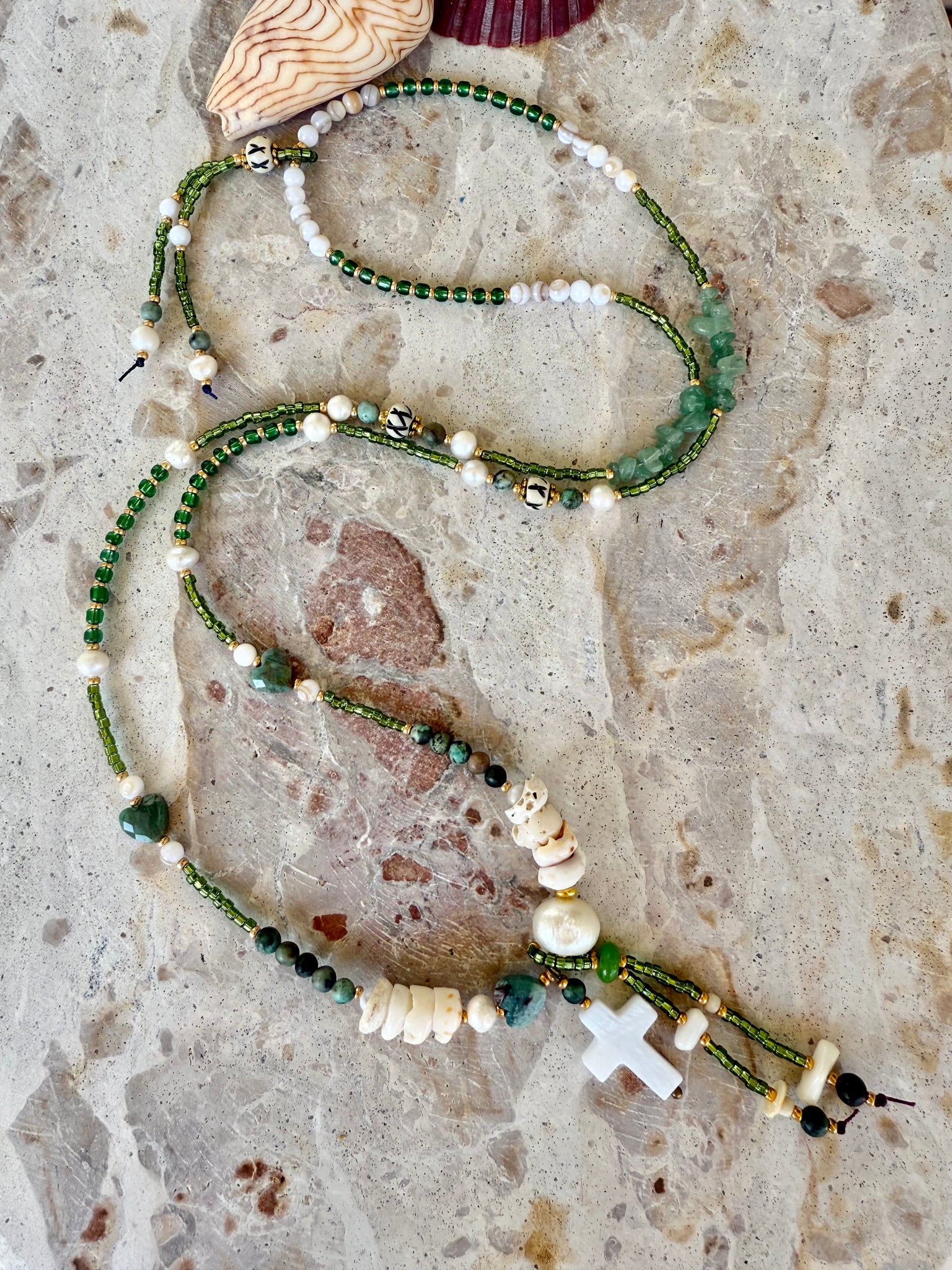 Green Seed Bead Pukka Shell White Cross Necklace