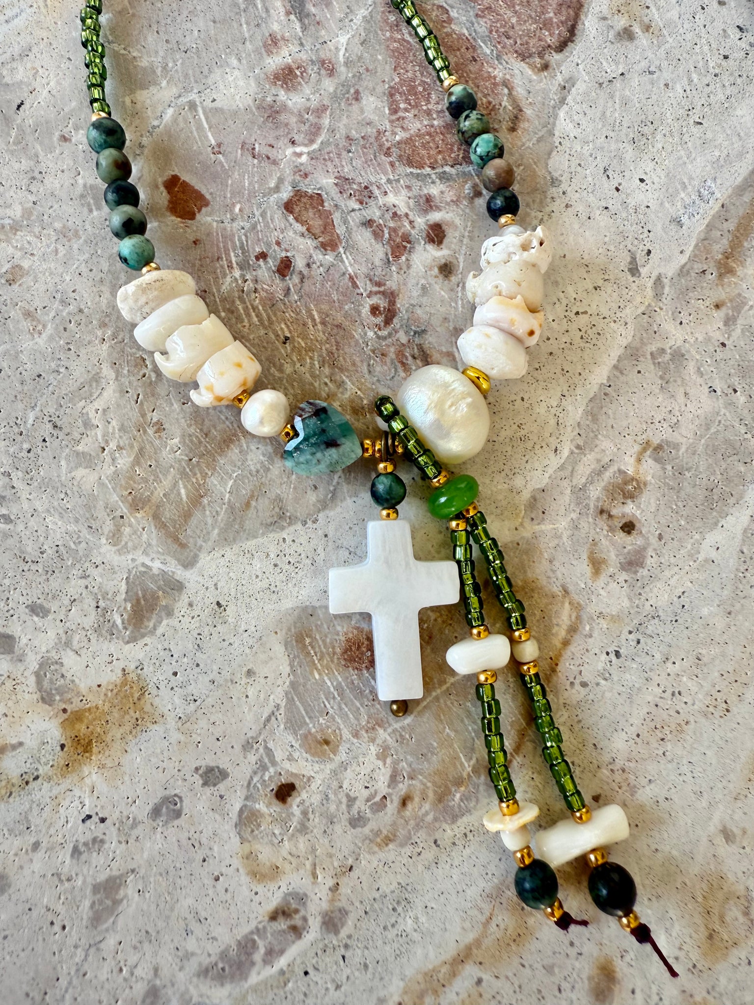 Green Seed Bead Pukka Shell White Cross Necklace